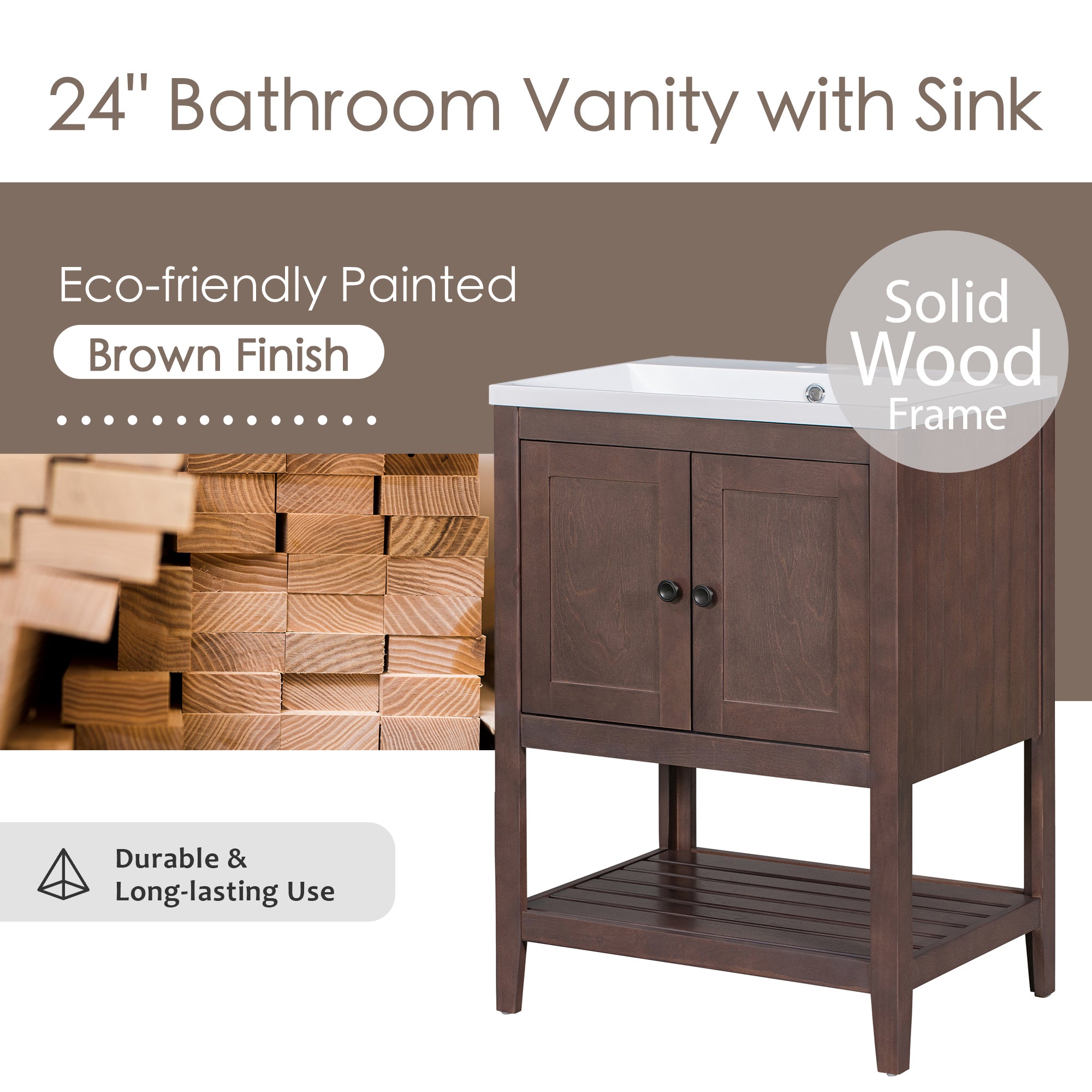 24 inch MDF Freestanding Bathroom Vanity Set with Doors and Open Shelf and Integrated Ceramic Sink