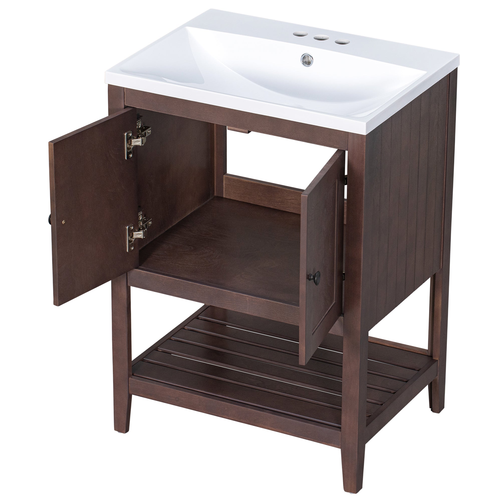 24 inch MDF Freestanding Bathroom Vanity Set with Doors and Open Shelf and Integrated Ceramic Sink