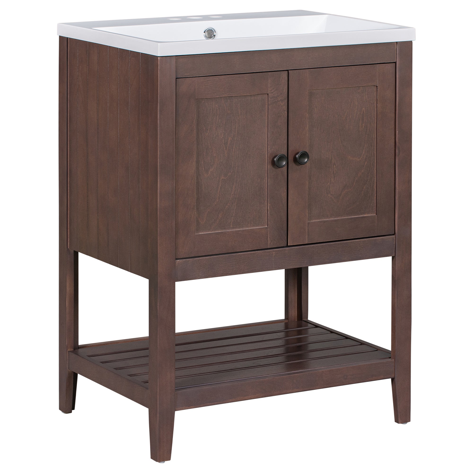 24 inch MDF Freestanding Bathroom Vanity Set with Doors and Open Shelf and Integrated Ceramic Sink