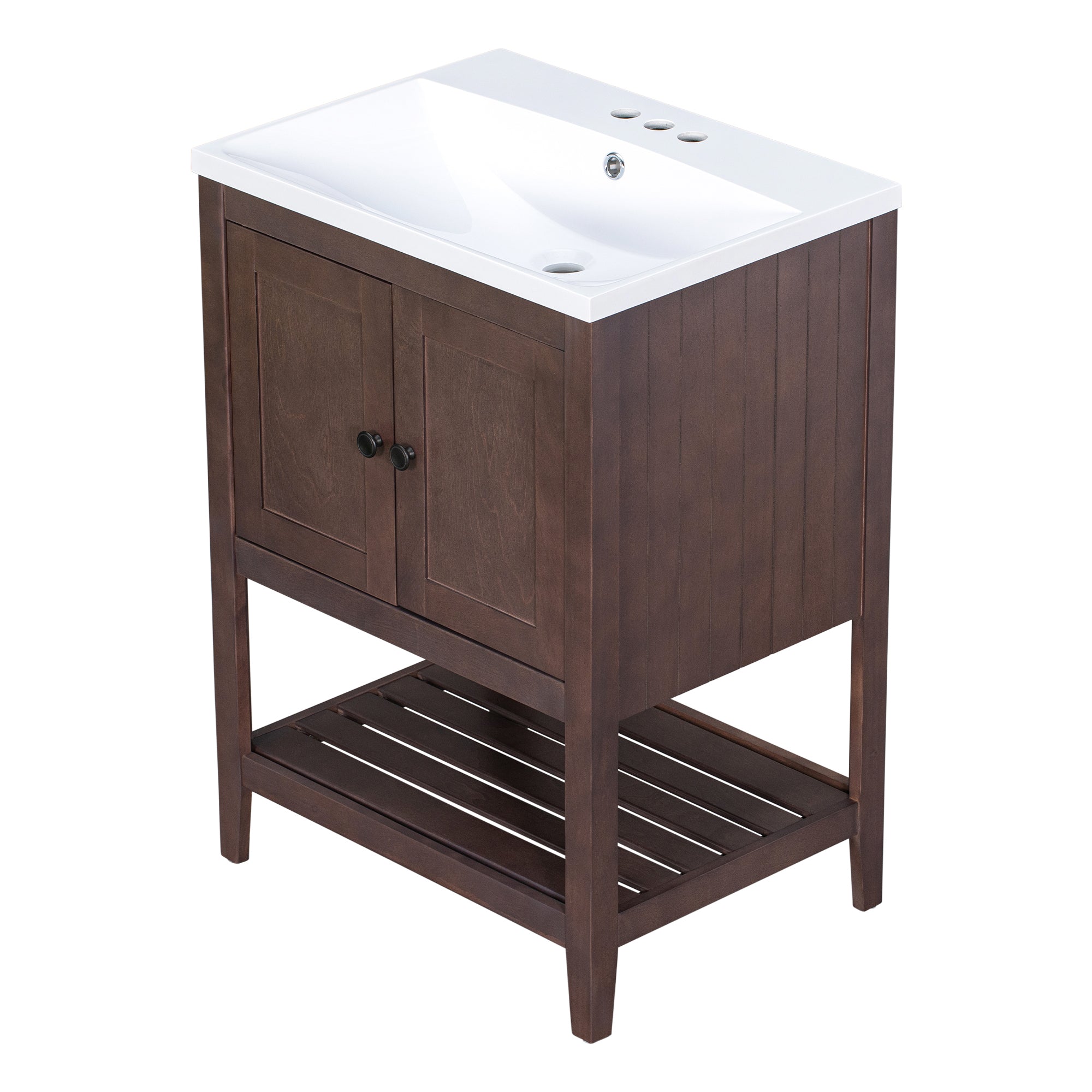 24 inch MDF Freestanding Bathroom Vanity Set with Doors and Open Shelf and Integrated Ceramic Sink