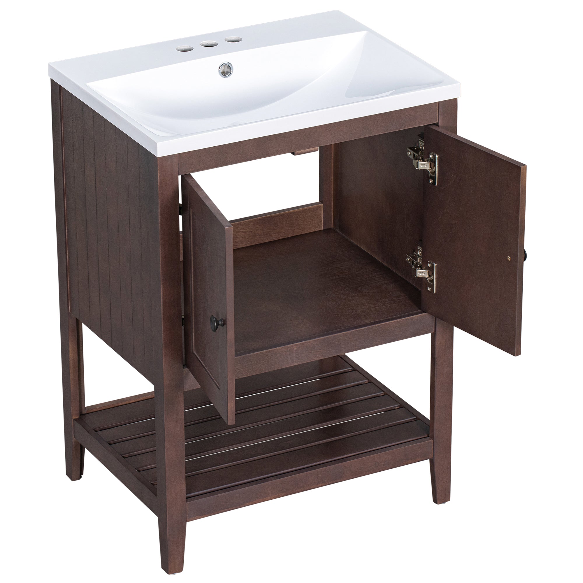 24 inch MDF Freestanding Bathroom Vanity Set with Doors and Open Shelf and Integrated Ceramic Sink