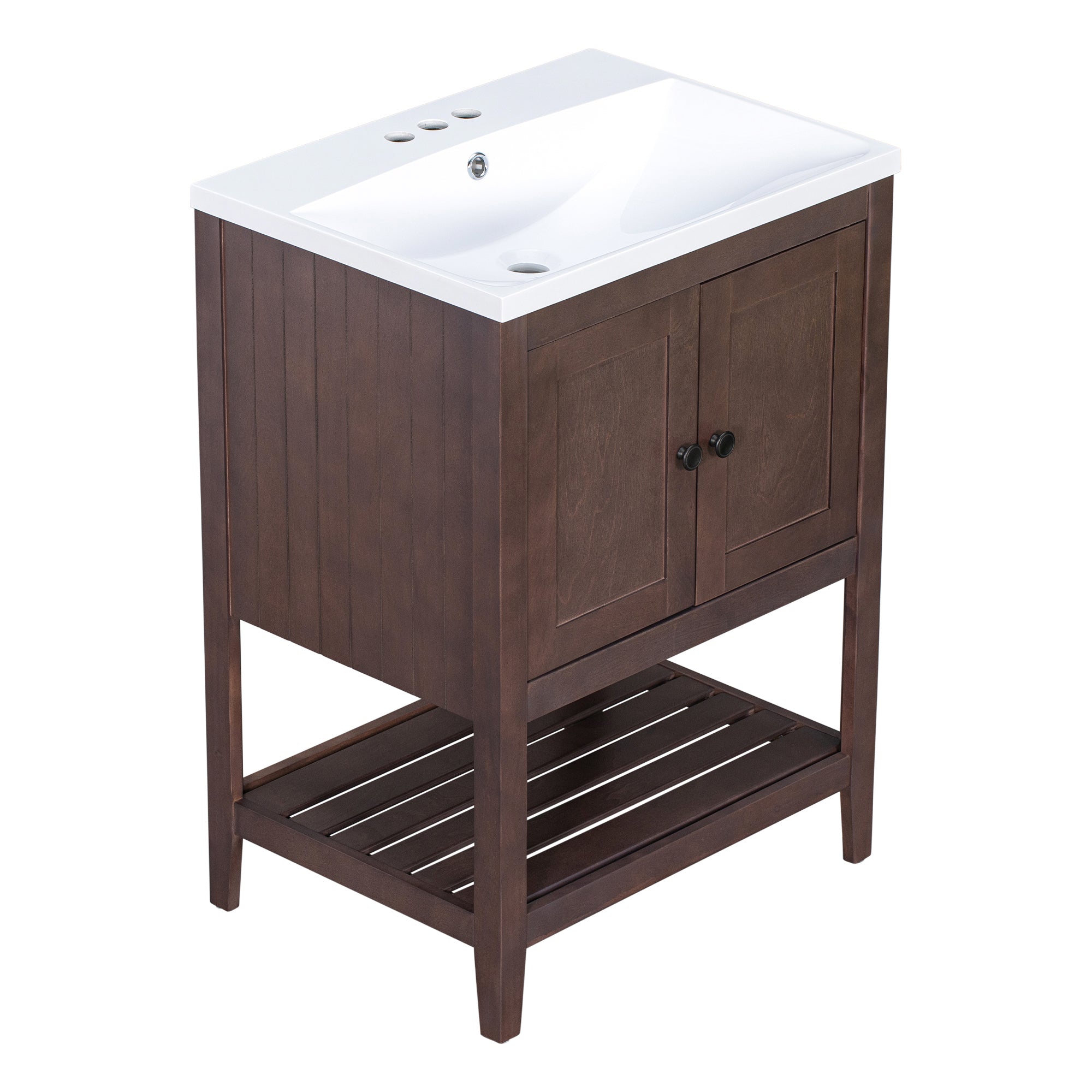 24 inch MDF Freestanding Bathroom Vanity Set with Doors and Open Shelf and Integrated Ceramic Sink