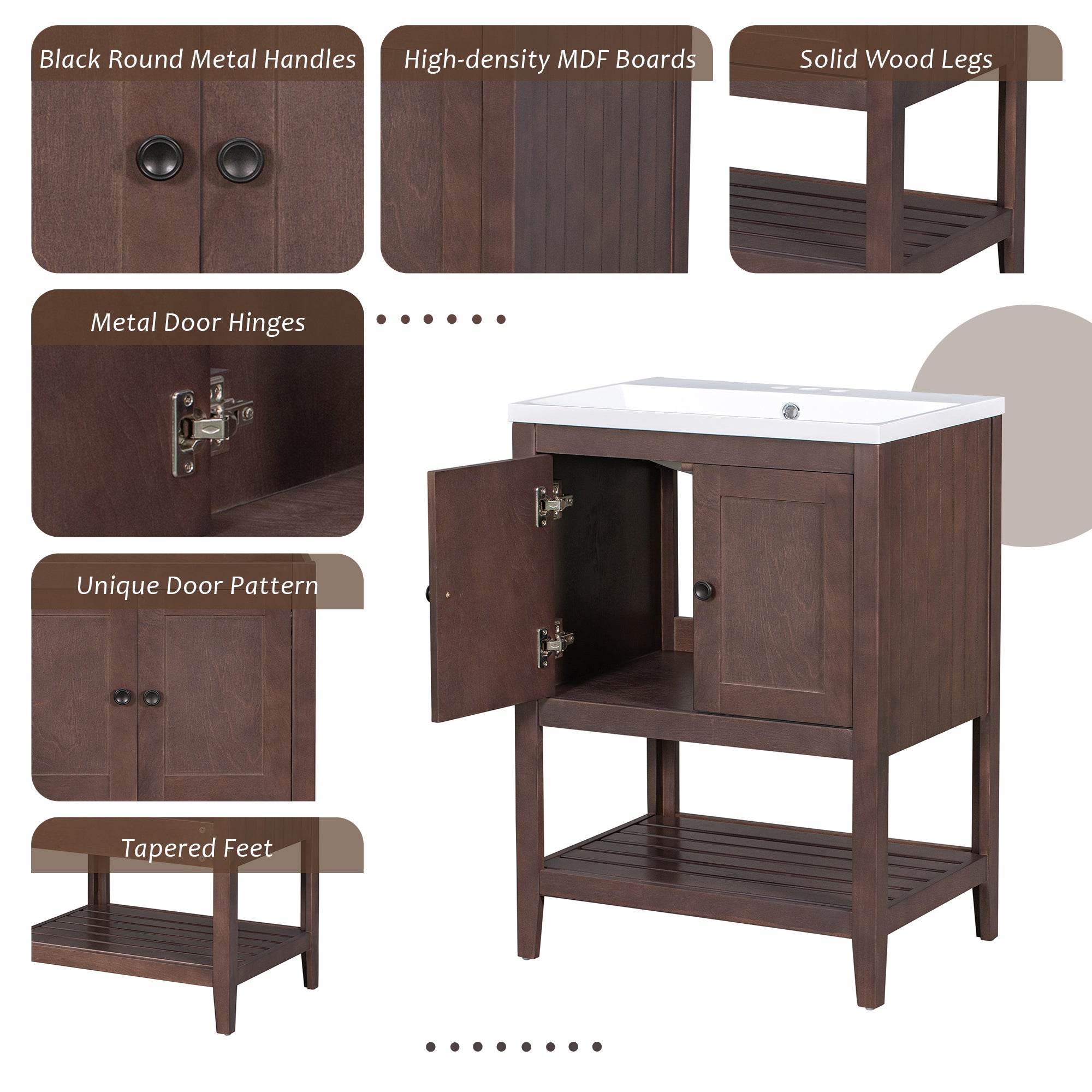 24 inch MDF Freestanding Bathroom Vanity Set with Doors and Open Shelf and Integrated Ceramic Sink