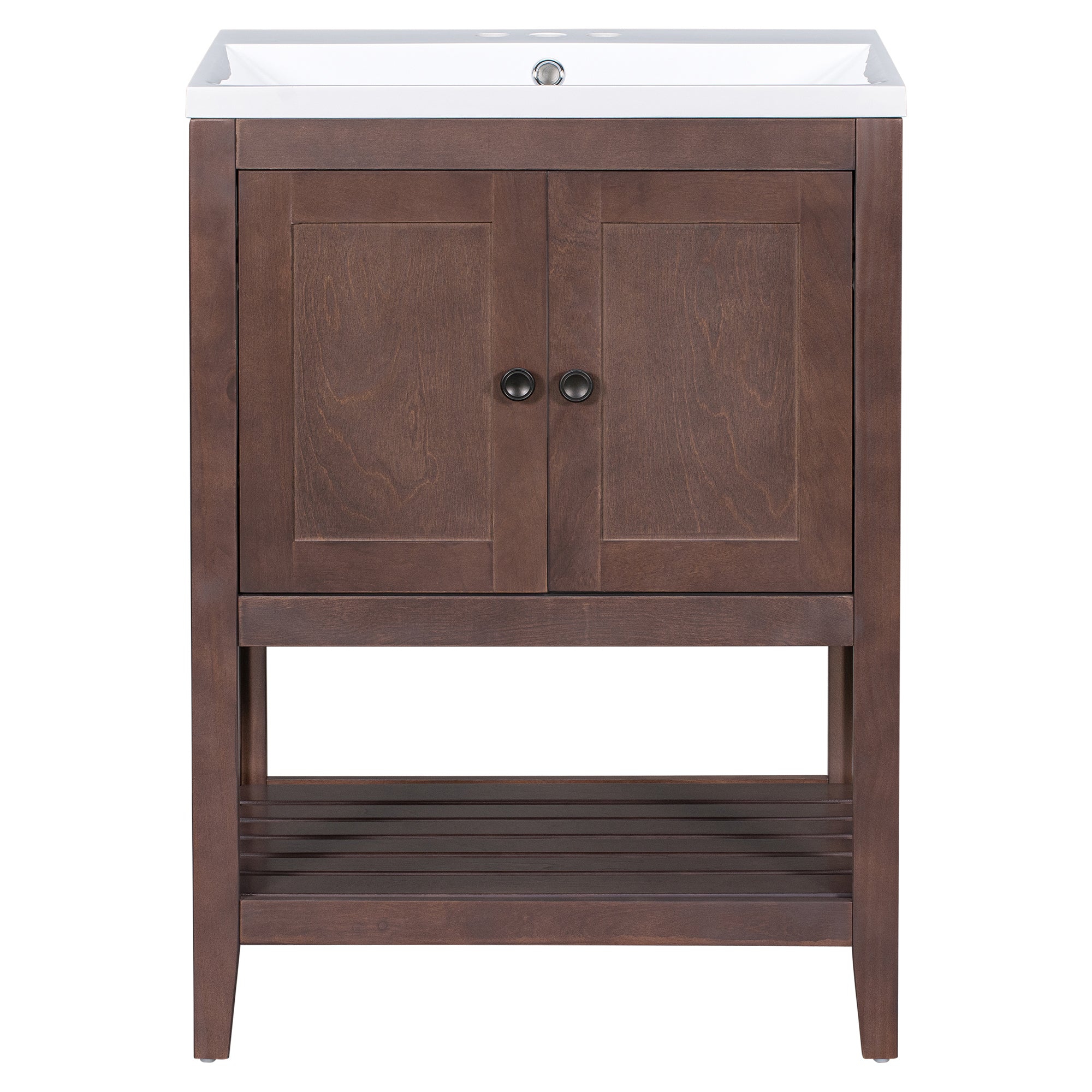 24 inch MDF Freestanding Bathroom Vanity Set with Doors and Open Shelf and Integrated Ceramic Sink