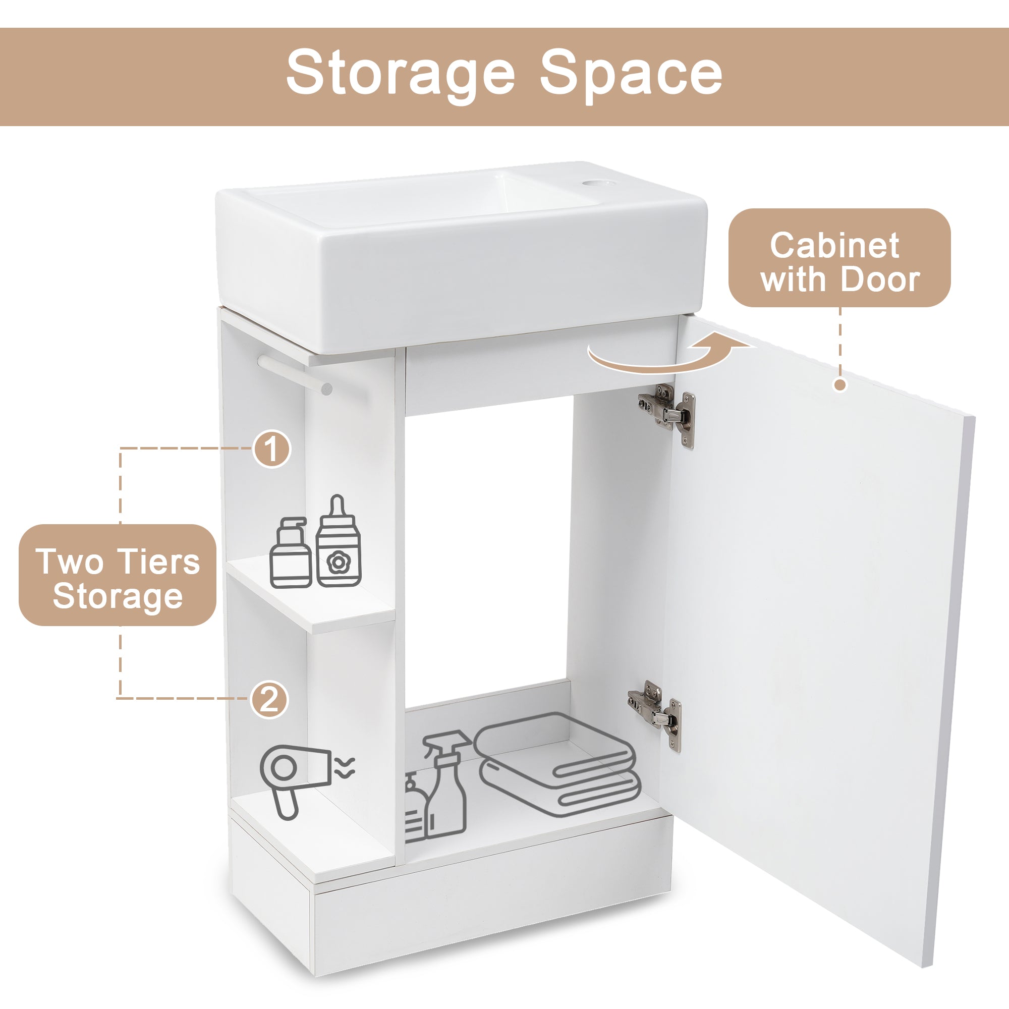 White 18.6 in.W x 33 in.H MDF Bathroom Vanity with Ceramic Sink and Two-tier Shelf