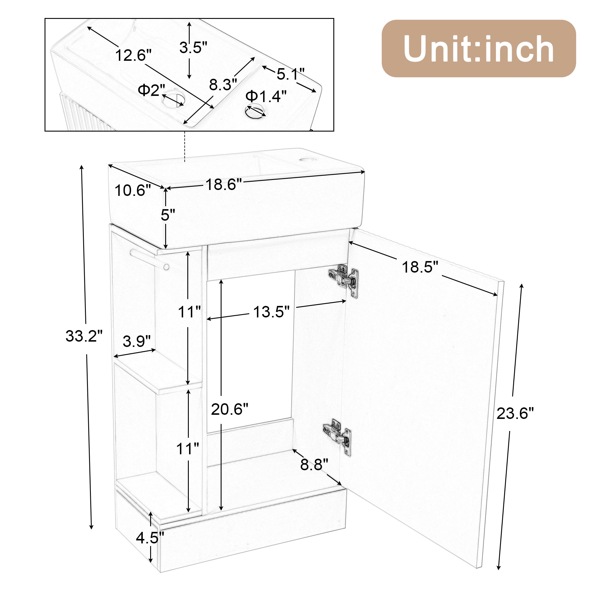 White 18.6 in.W x 33 in.H MDF Bathroom Vanity with Ceramic Sink and Two-tier Shelf