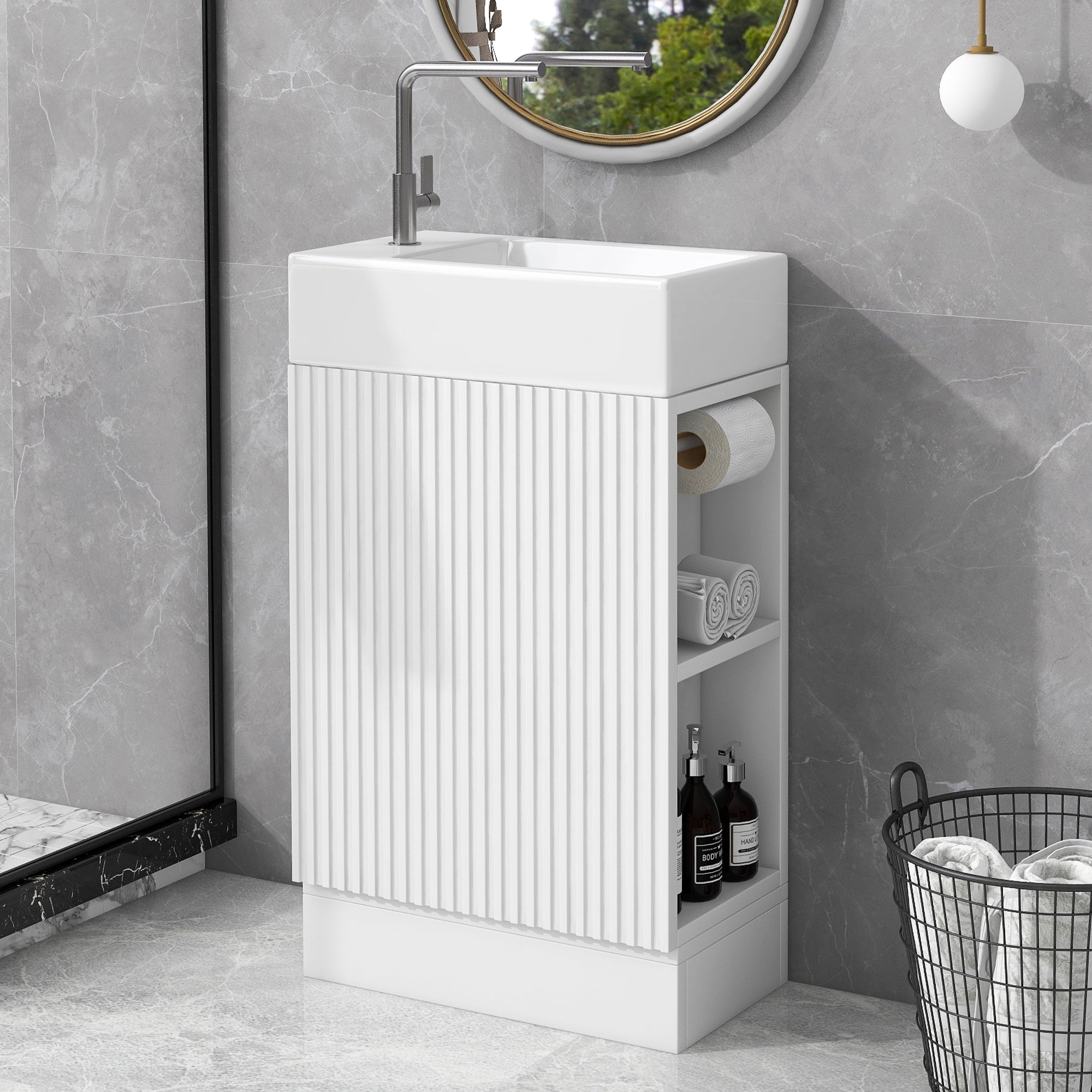 White 18.6 in.W x 33 in.H MDF Bathroom Vanity with Ceramic Sink and Two-tier Shelf