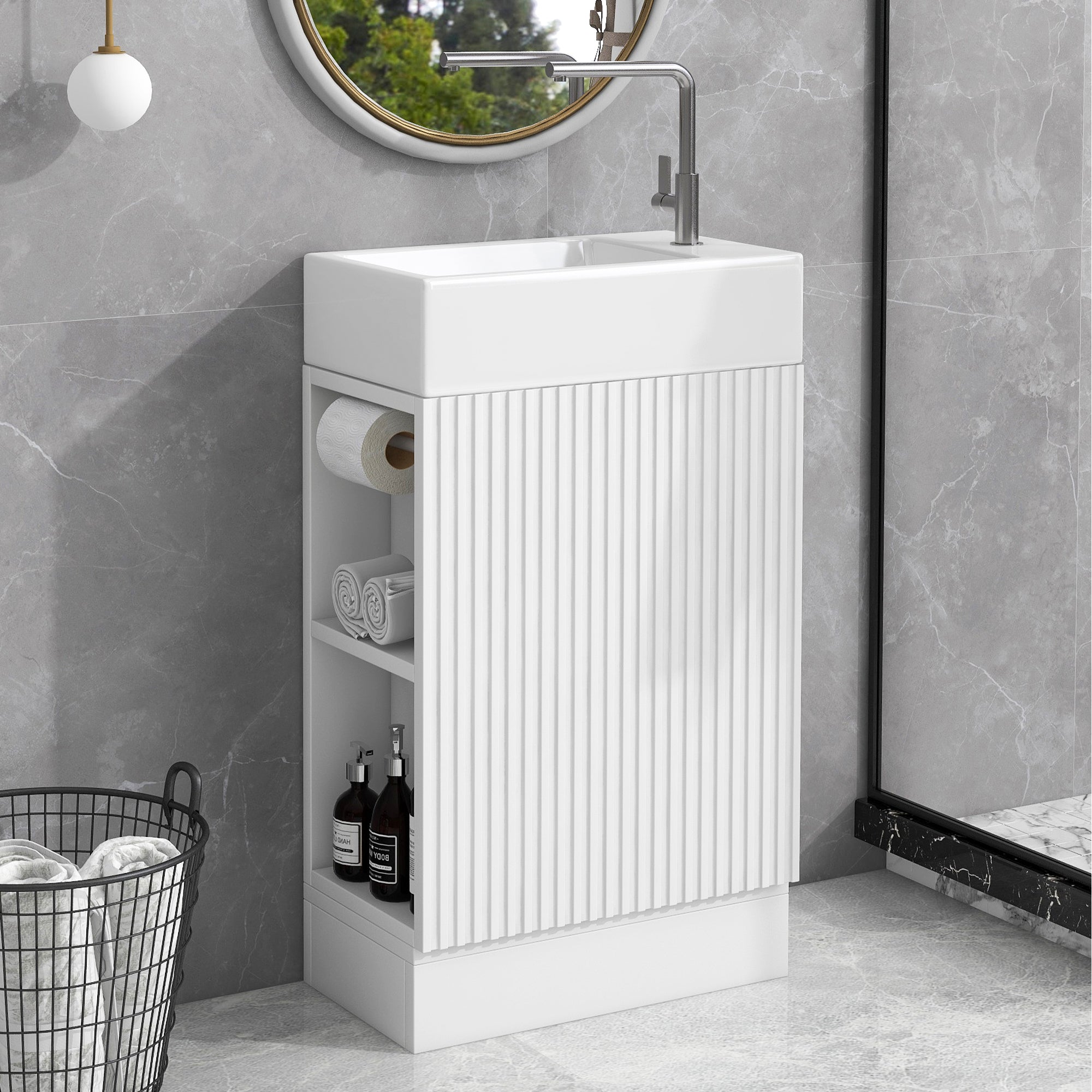 White 18.6 in.W x 33 in.H MDF Bathroom Vanity with Ceramic Sink and Two-tier Shelf