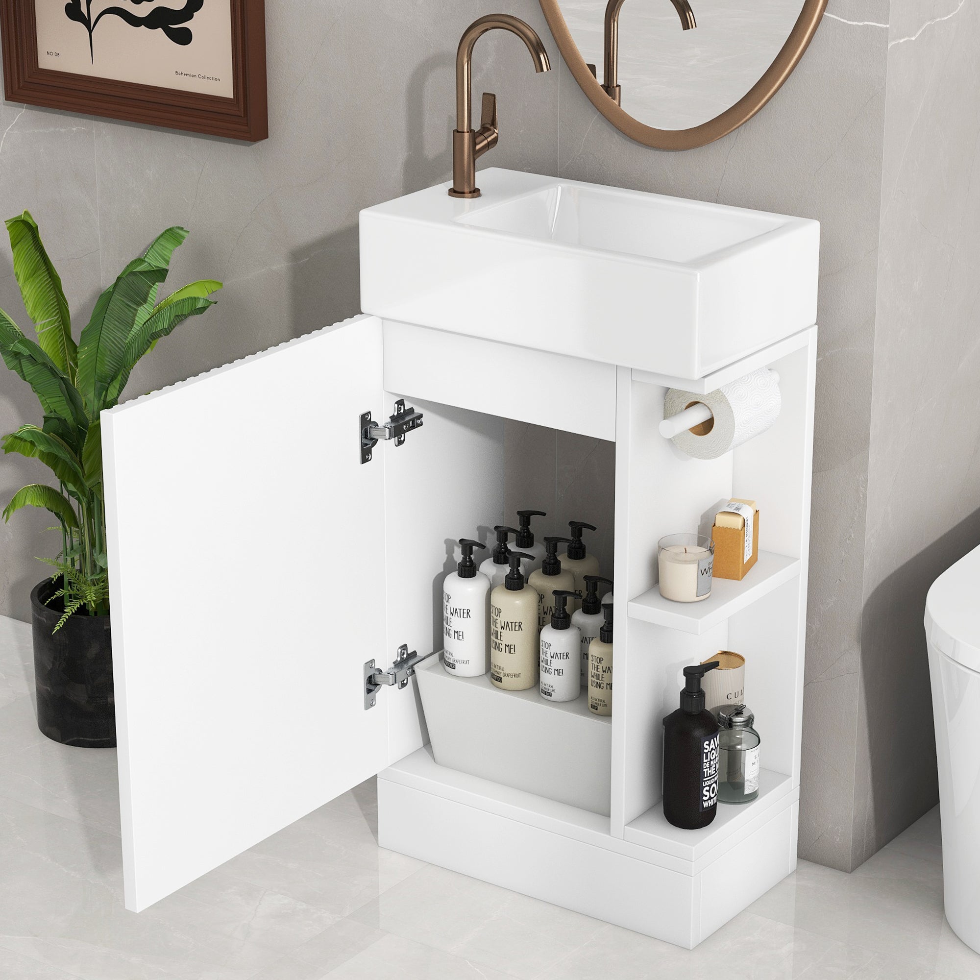 White 18.6 in.W x 33 in.H MDF Bathroom Vanity with Ceramic Sink and Two-tier Shelf
