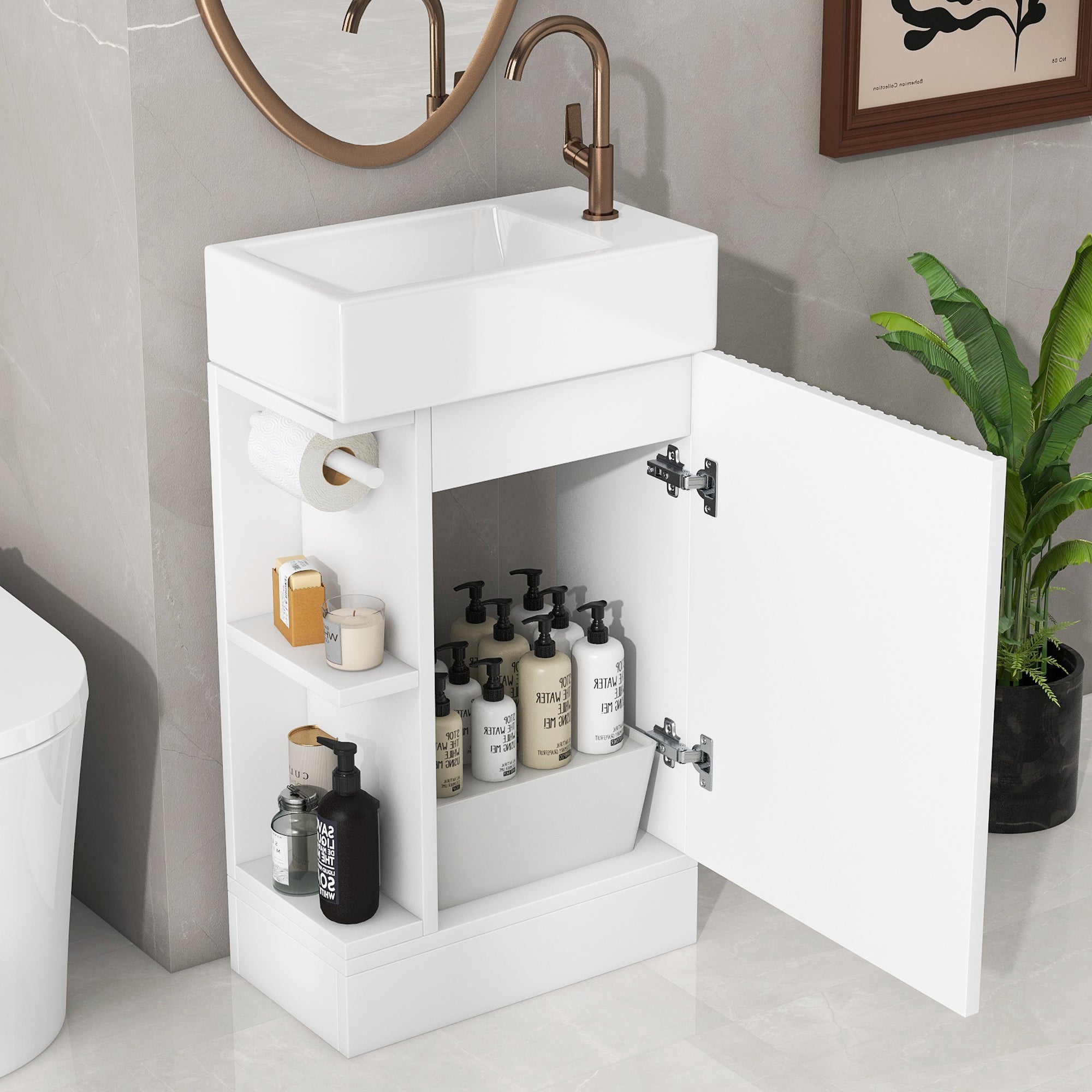 White 18.6 in.W x 33 in.H MDF Bathroom Vanity with Ceramic Sink and Two-tier Shelf