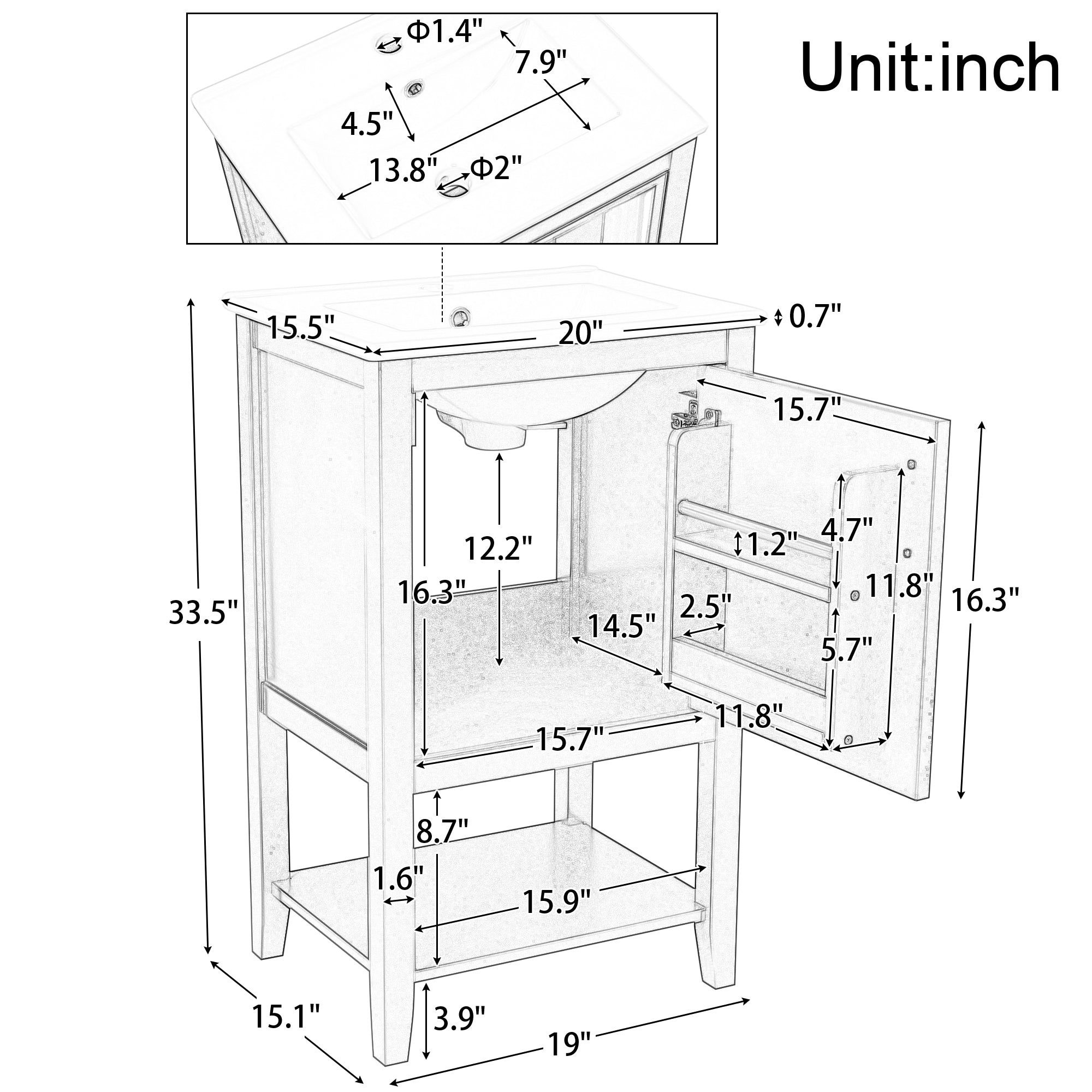 20 in.W x 33.5 in.H Freestanding Bathroom Vanity with Ceramic Basin and Open Shelf