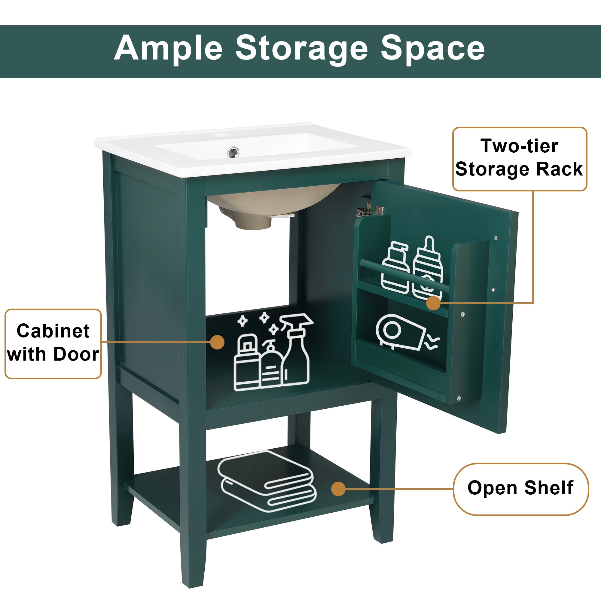 20 in.W x 33.5 in.H Freestanding Bathroom Vanity with Ceramic Basin and Open Shelf