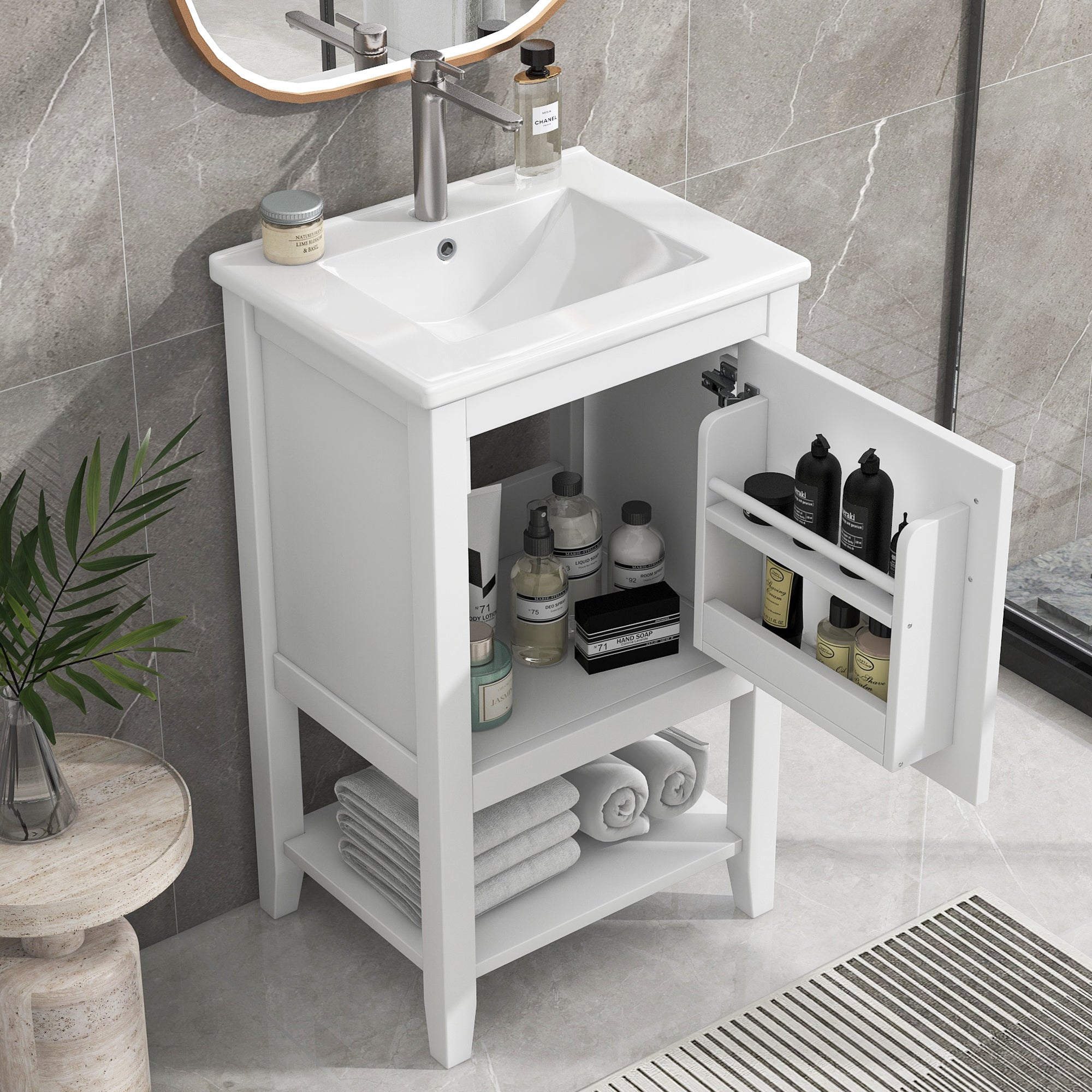 20 in.W x 33.5 in.H Freestanding Bathroom Vanity with Ceramic Basin and Open Shelf