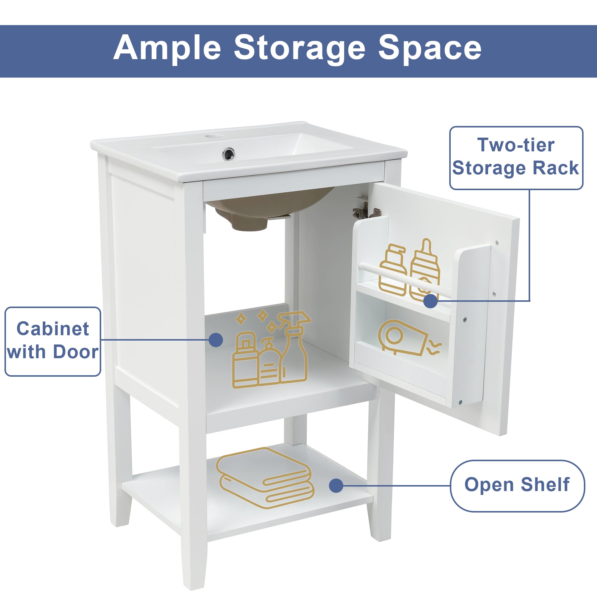 20 in.W x 33.5 in.H Freestanding Bathroom Vanity with Ceramic Basin and Open Shelf