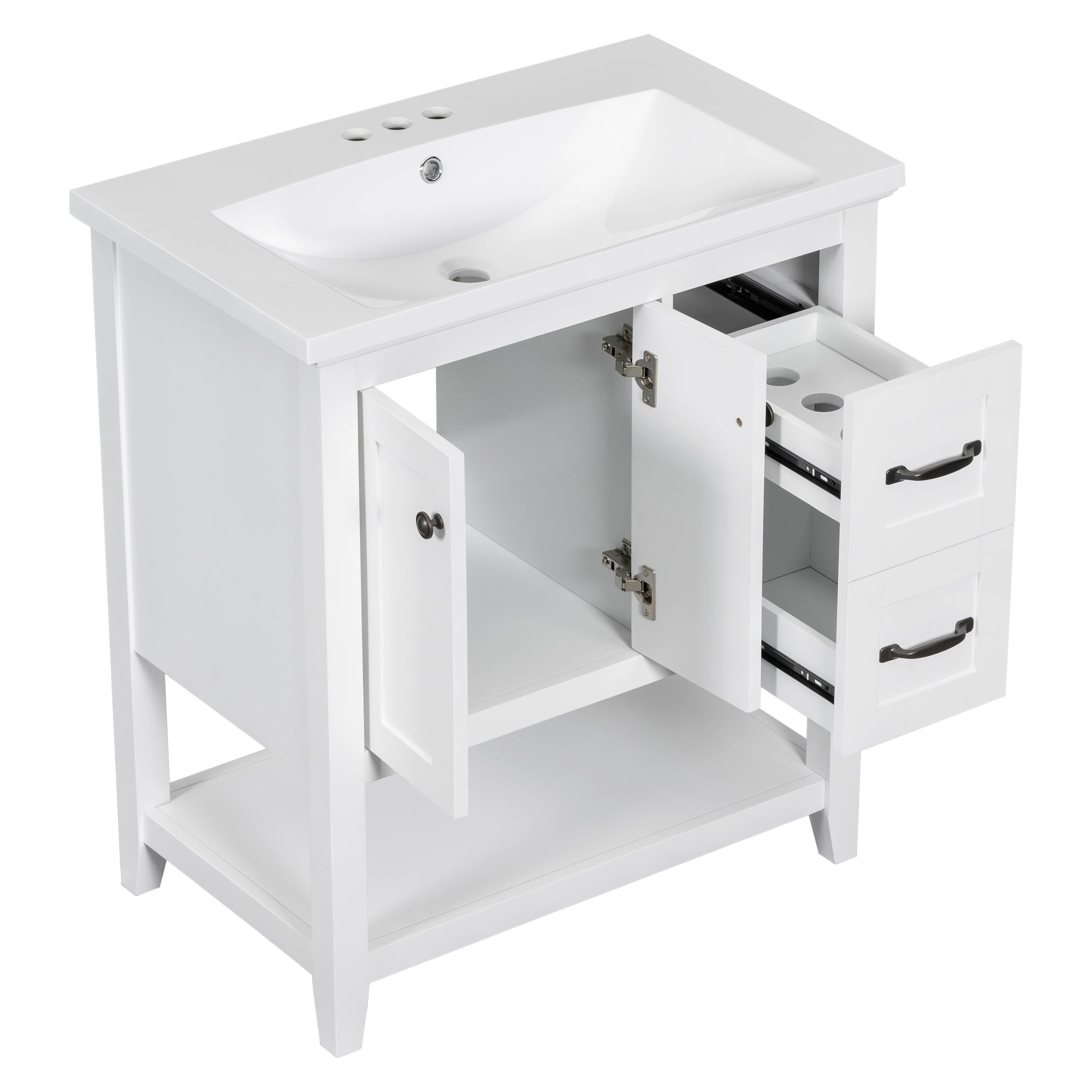 30 Inch MDF Freestanding Bathroom Vanity Set with Integrated Ceramic Basin and Doors