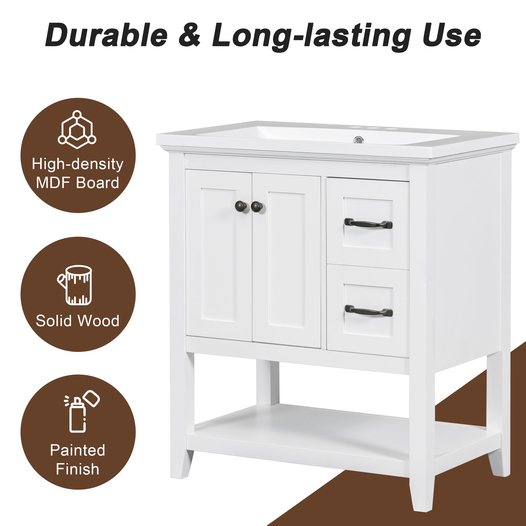 30 Inch MDF Freestanding Bathroom Vanity Set with Integrated Ceramic Basin and Doors