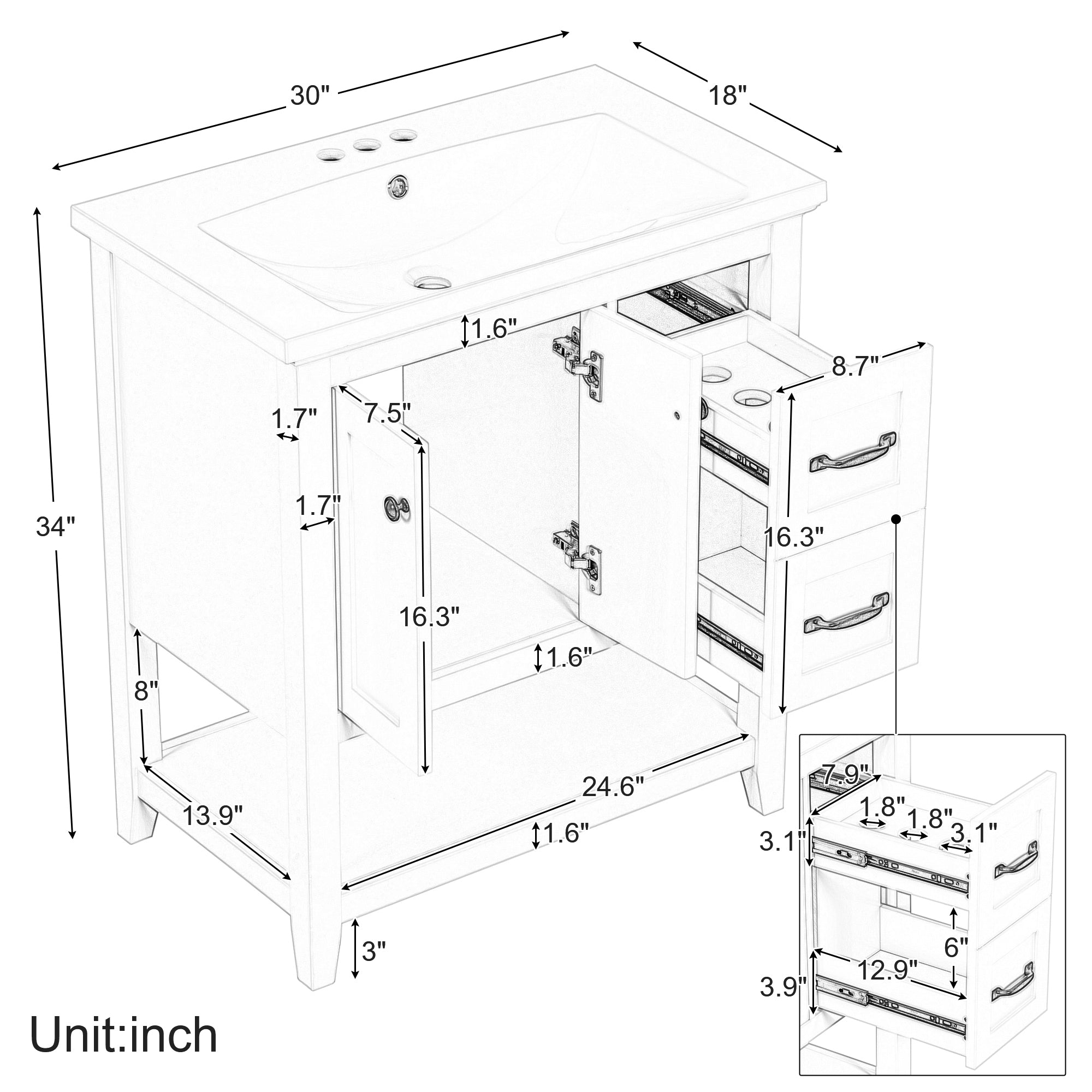 30 Inch MDF Freestanding Bathroom Vanity Set with Integrated Ceramic Basin and Doors