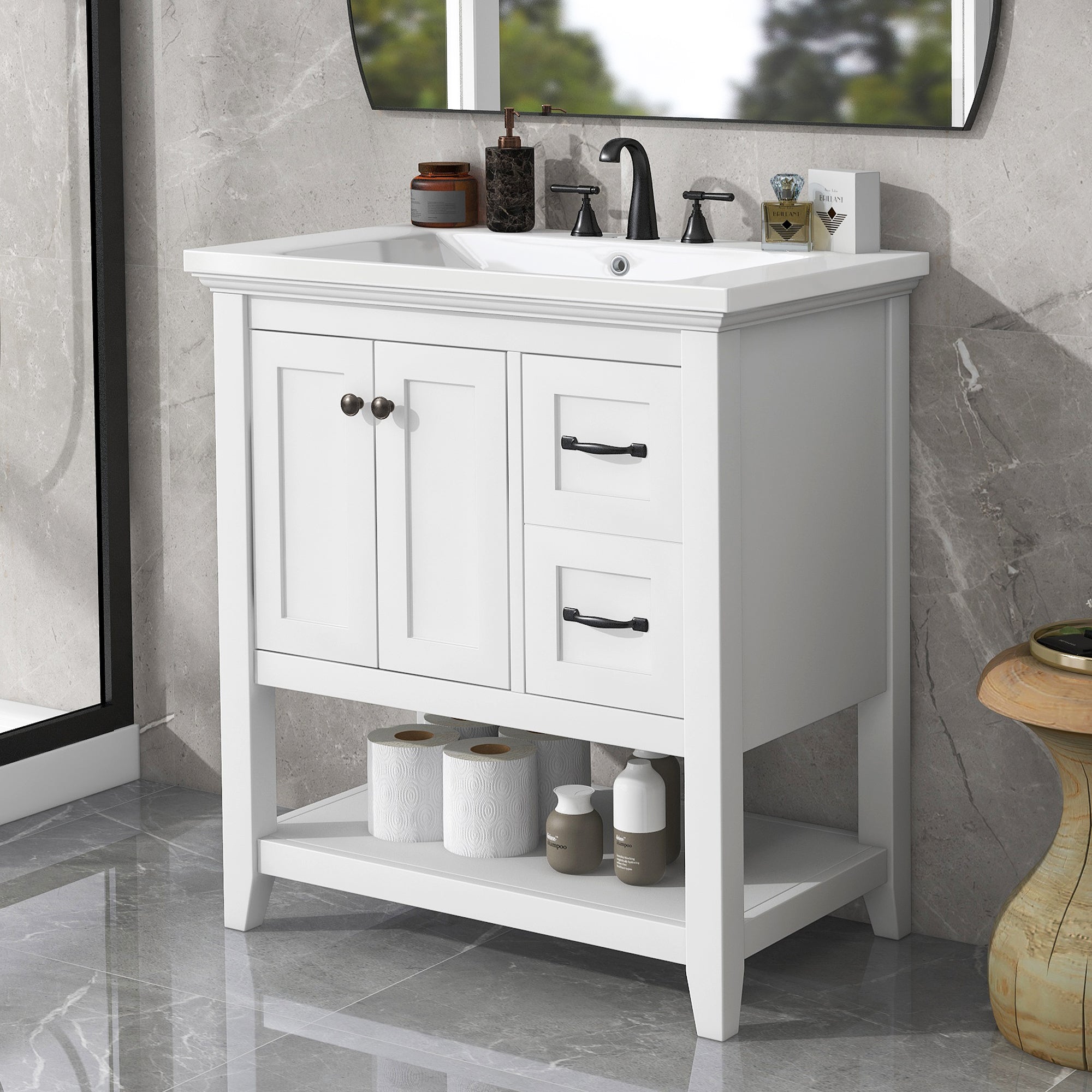 30 Inch MDF Freestanding Bathroom Vanity Set with Integrated Ceramic Basin and Doors