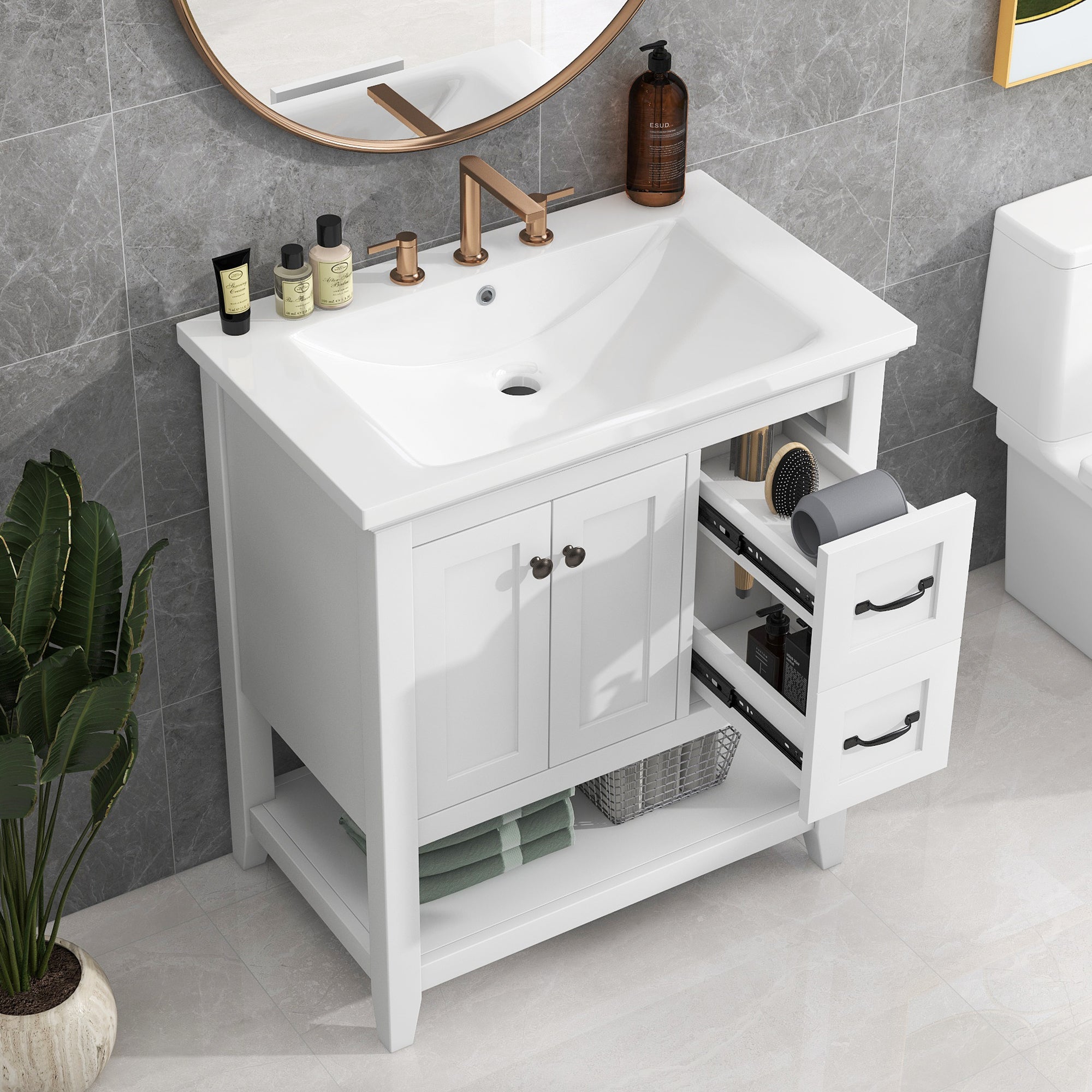 30 Inch MDF Freestanding Bathroom Vanity Set with Integrated Ceramic Basin and Doors