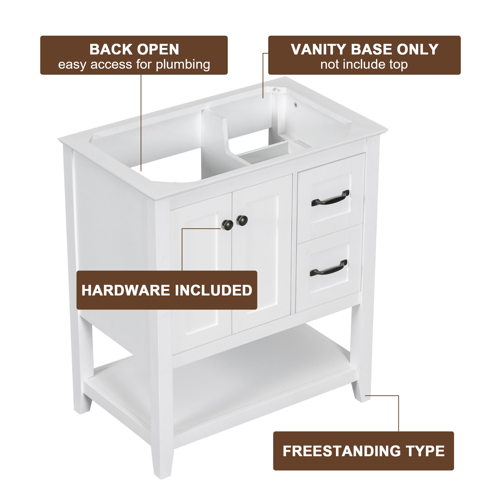 30 Inch MDF Freestanding Bathroom Vanity Base with Open Shelf and Doors