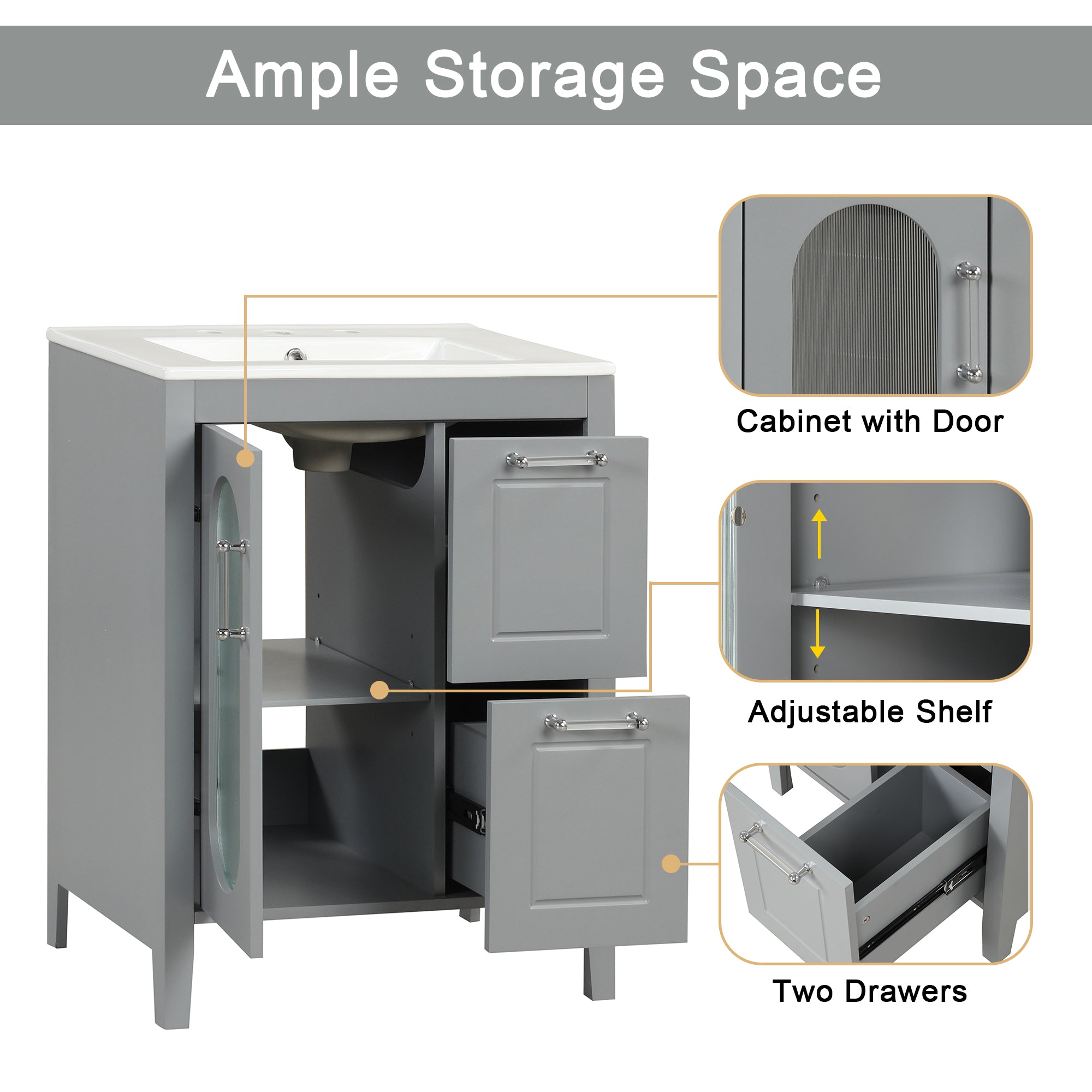 24 in. W x 33 in. H Solid Wood and MDF Bathroom Vanity with Ceramic Sink, Door and Drawers