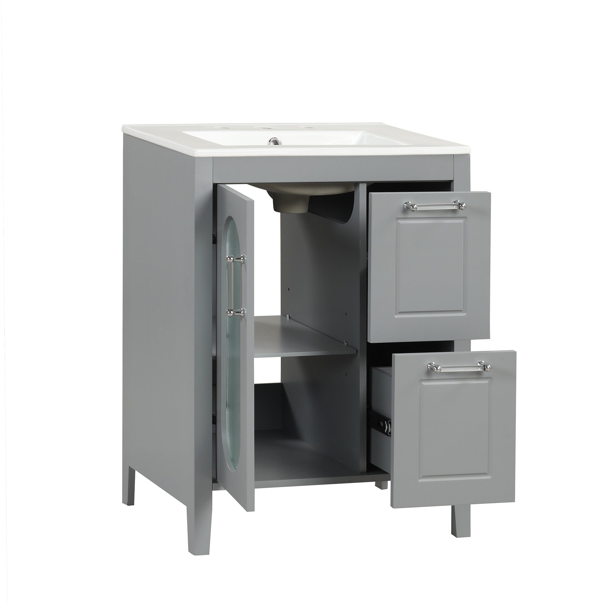 24 in. W x 33 in. H Solid Wood and MDF Bathroom Vanity with Ceramic Sink, Door and Drawers