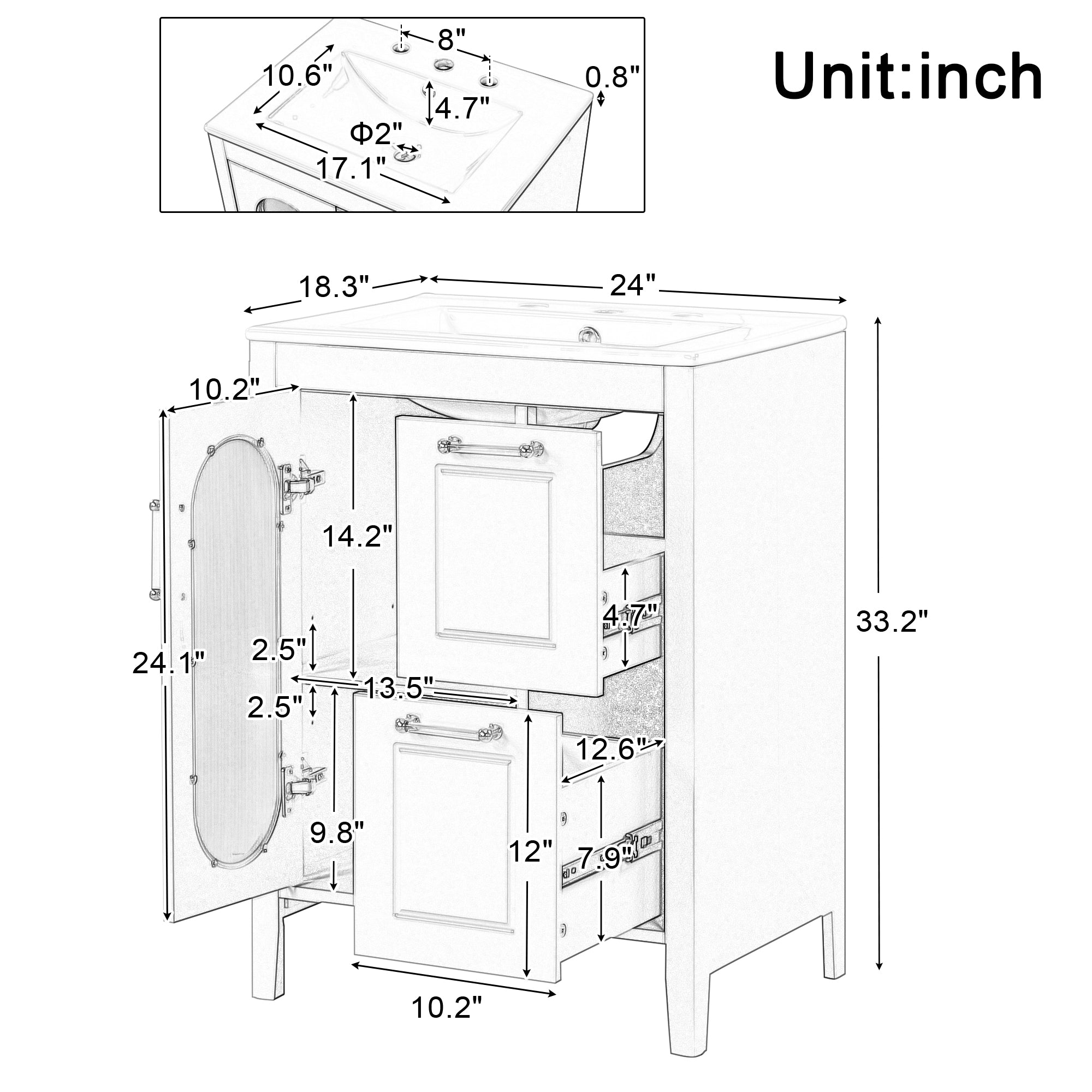 24 in. W x 33 in. H Solid Wood and MDF Bathroom Vanity with Ceramic Sink, Door and Drawers