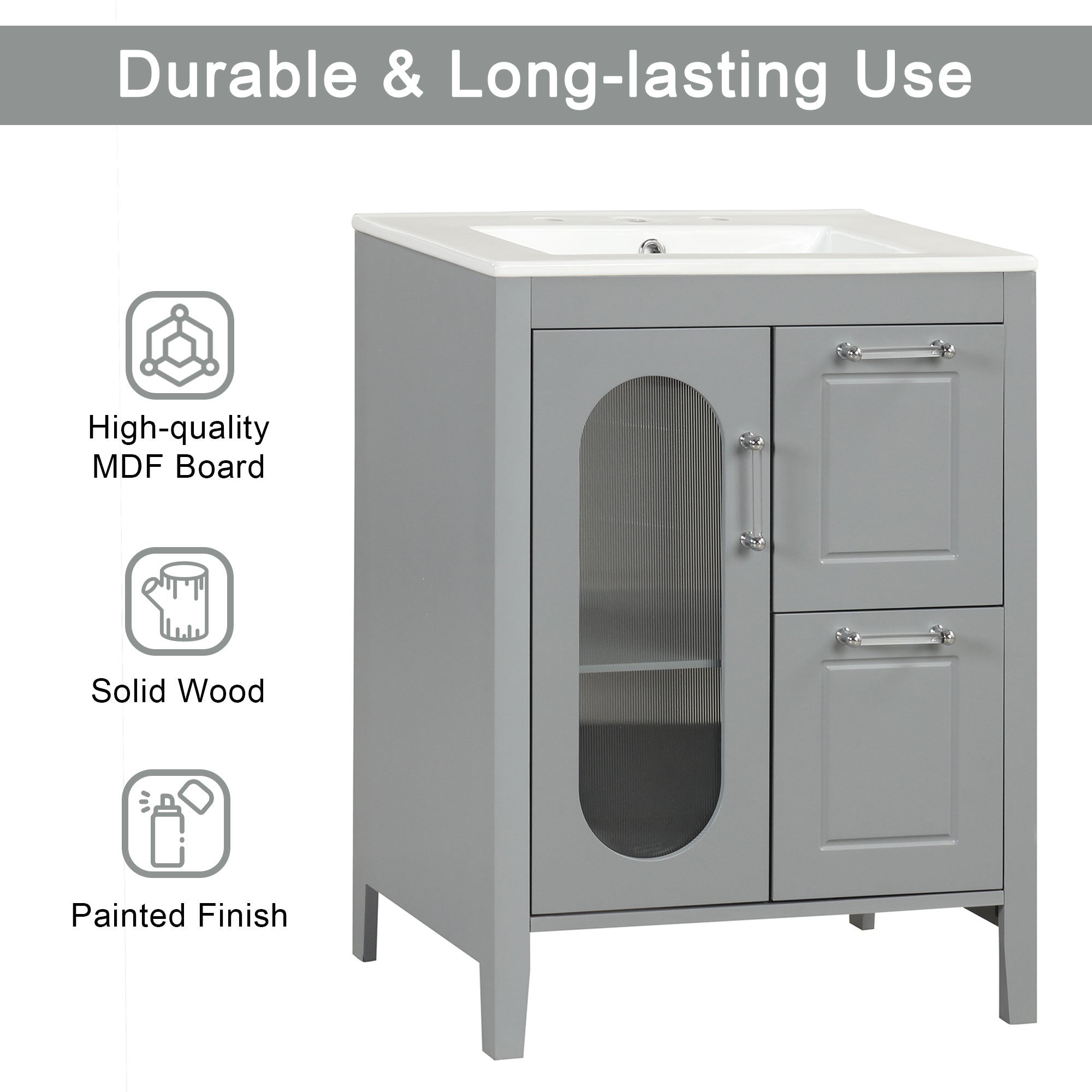 24 in. W x 33 in. H Solid Wood and MDF Bathroom Vanity with Ceramic Sink, Door and Drawers