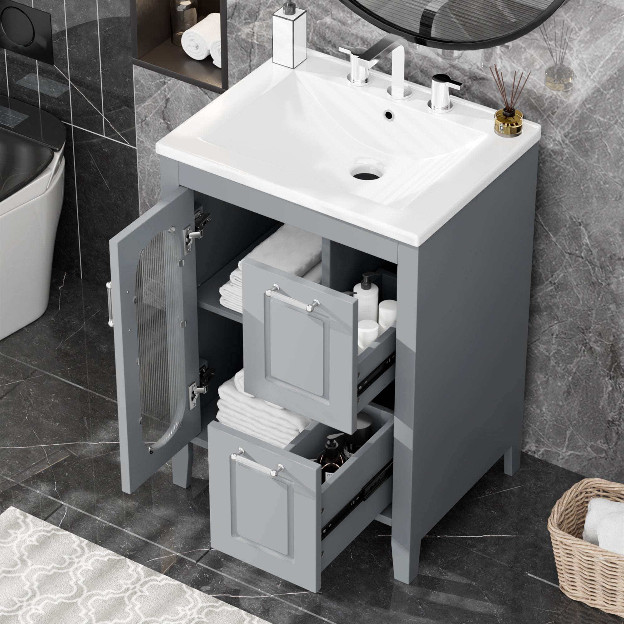 24 in. W x 33 in. H Solid Wood and MDF Bathroom Vanity with Ceramic Sink, Door and Drawers