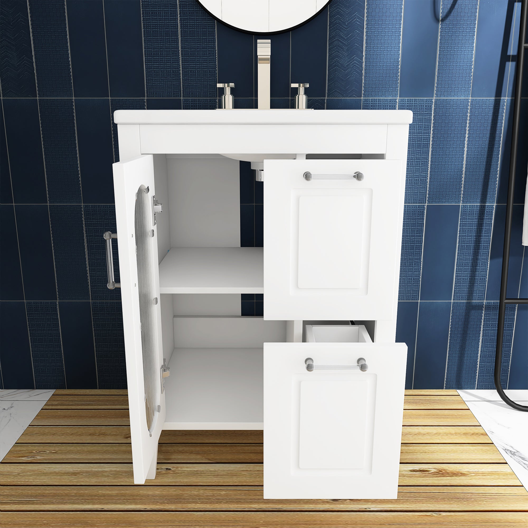 24 in. W x 33 in. H MDF Bathroom Vanity in White with Ceramic Sink, Door and Drawers
