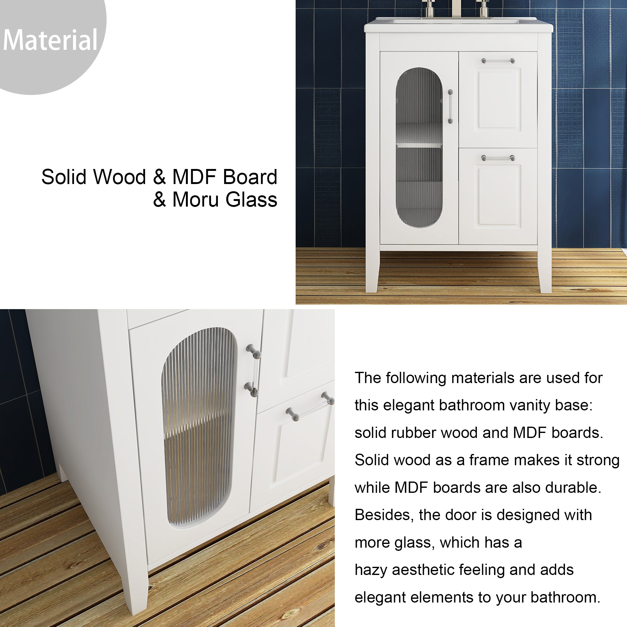 24 in. W x 33 in. H MDF Bathroom Vanity in White with Ceramic Sink, Door and Drawers