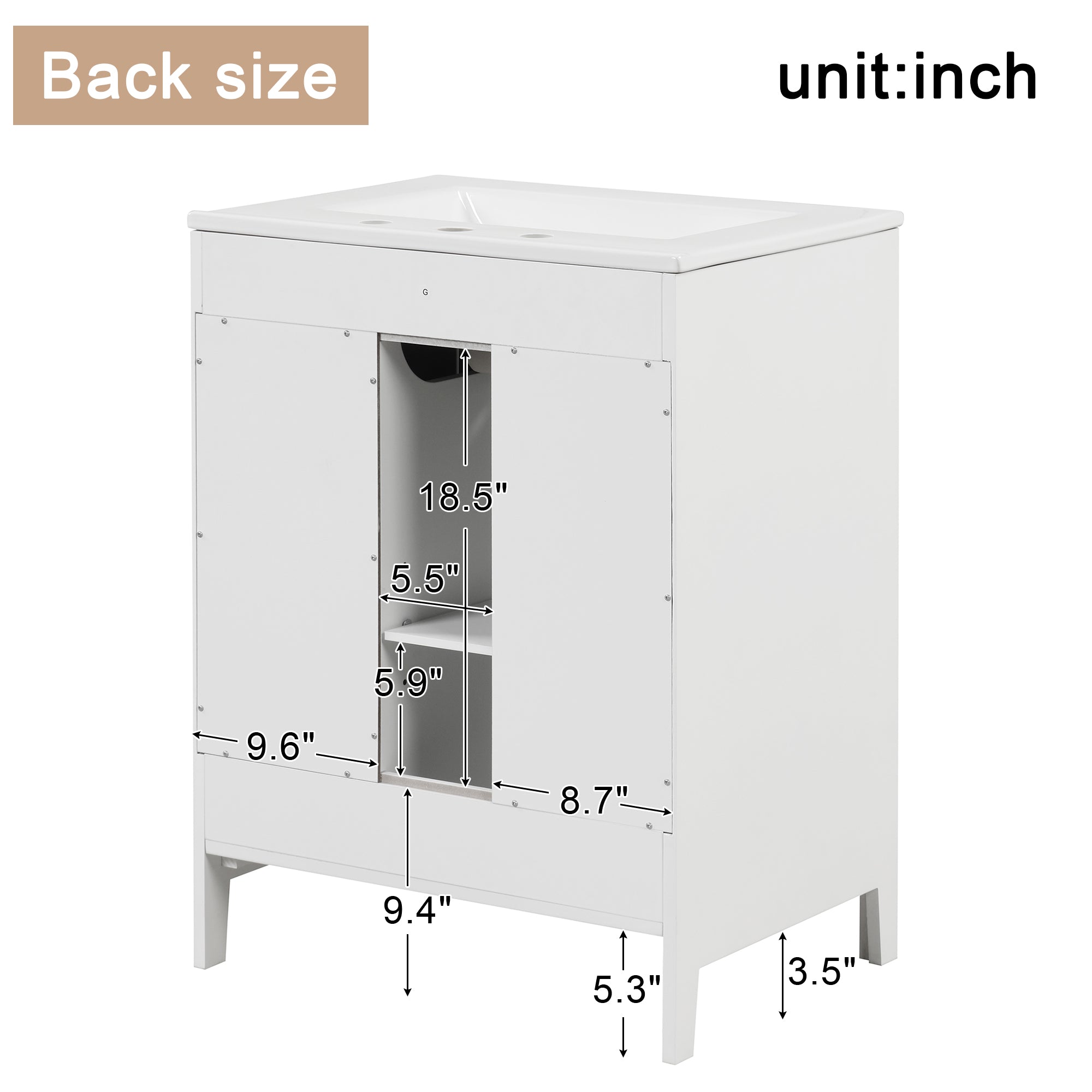 24 in. W x 33 in. H MDF Bathroom Vanity in White with Ceramic Sink, Door and Drawers