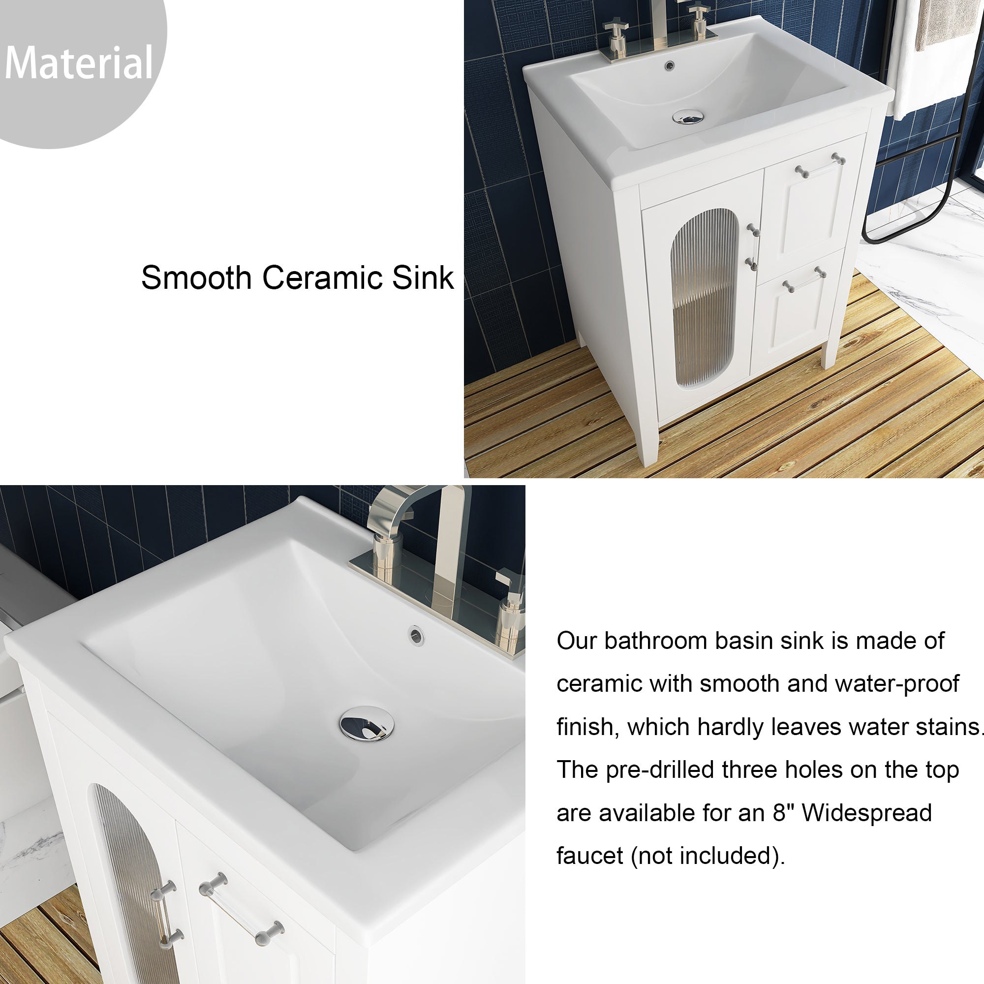 24 in. W x 33 in. H MDF Bathroom Vanity in White with Ceramic Sink, Door and Drawers