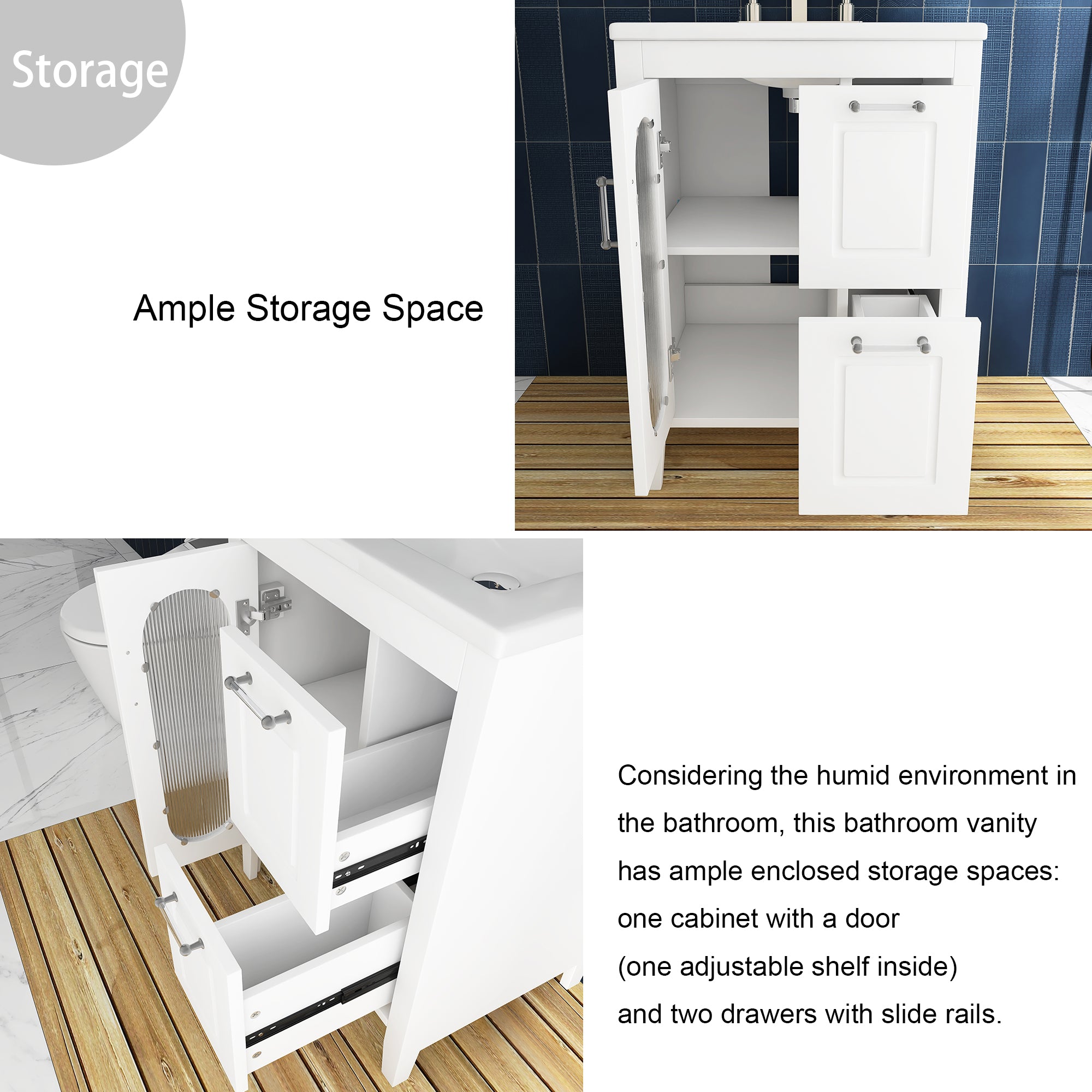 24 in. W x 33 in. H MDF Bathroom Vanity in White with Ceramic Sink, Door and Drawers