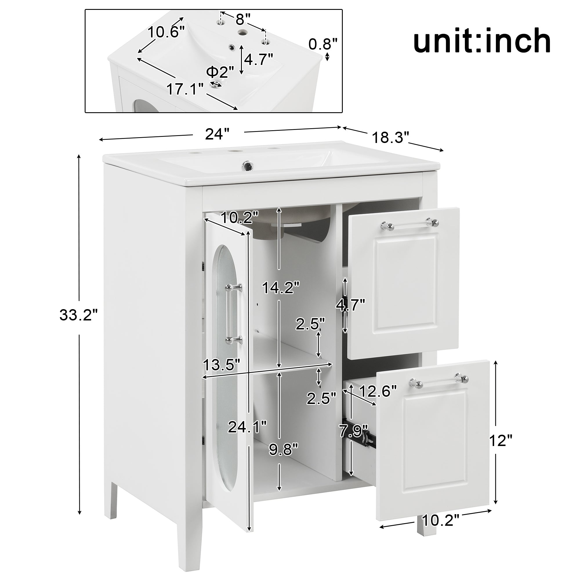 24 in. W x 33 in. H MDF Bathroom Vanity in White with Ceramic Sink, Door and Drawers