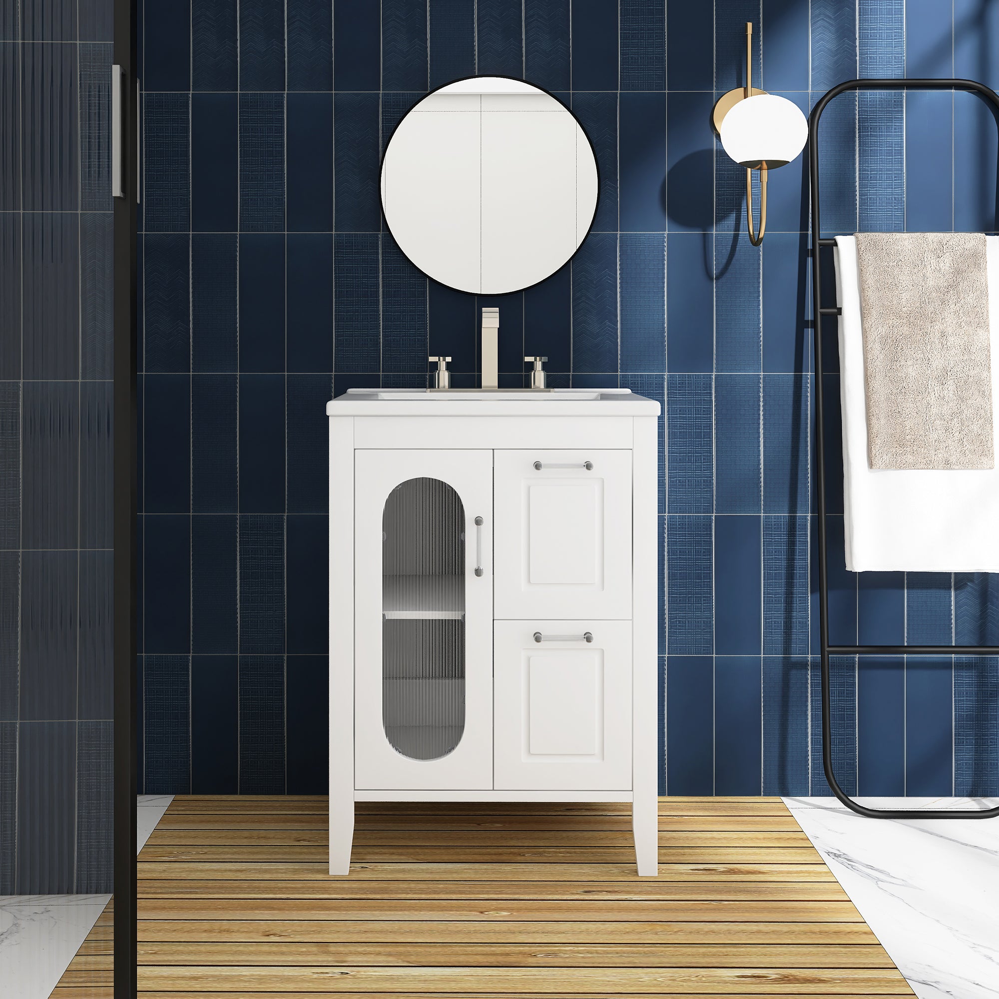 24 in. W x 33 in. H MDF Bathroom Vanity in White with Ceramic Sink, Door and Drawers