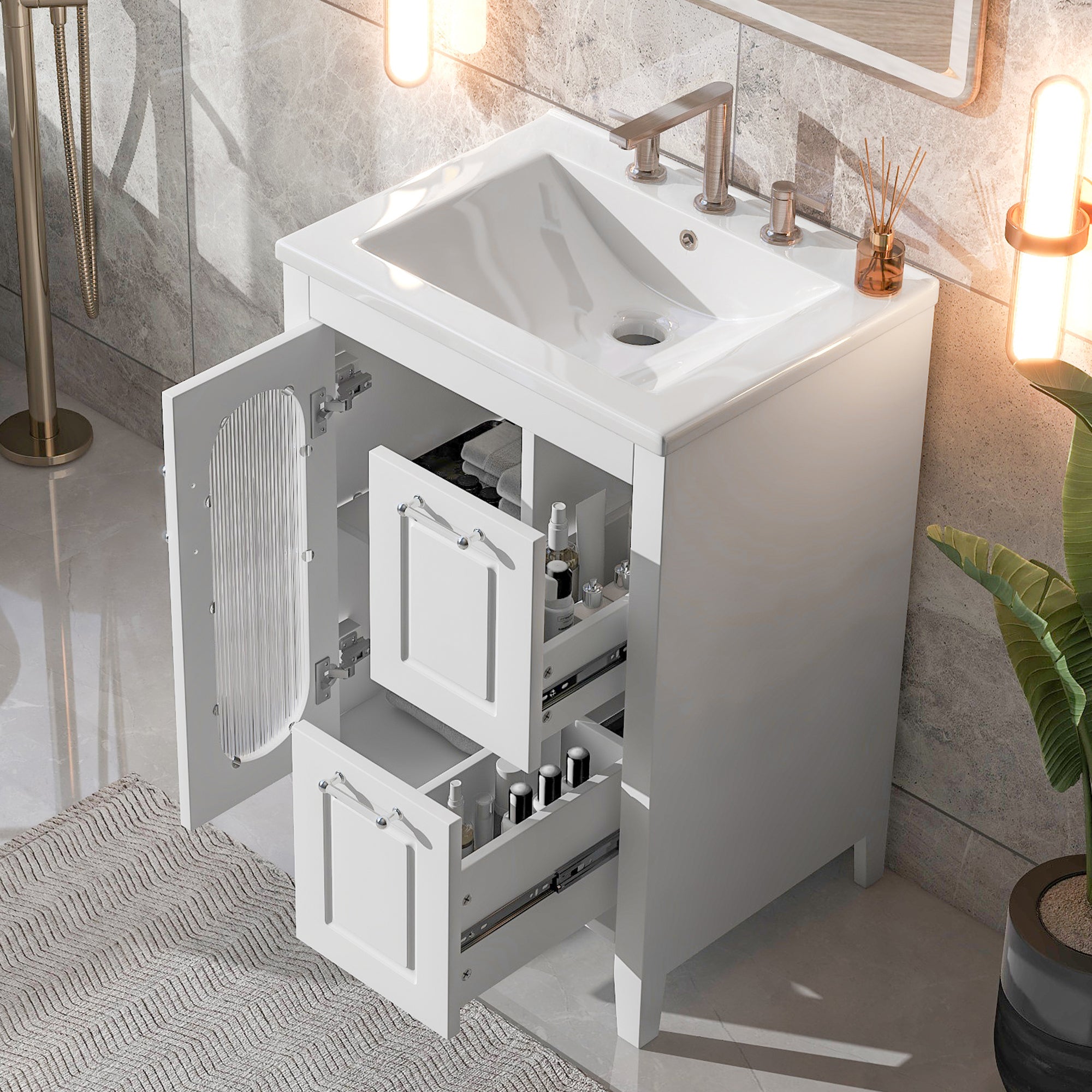 24 in. W x 33 in. H MDF Bathroom Vanity in White with Ceramic Sink, Door and Drawers