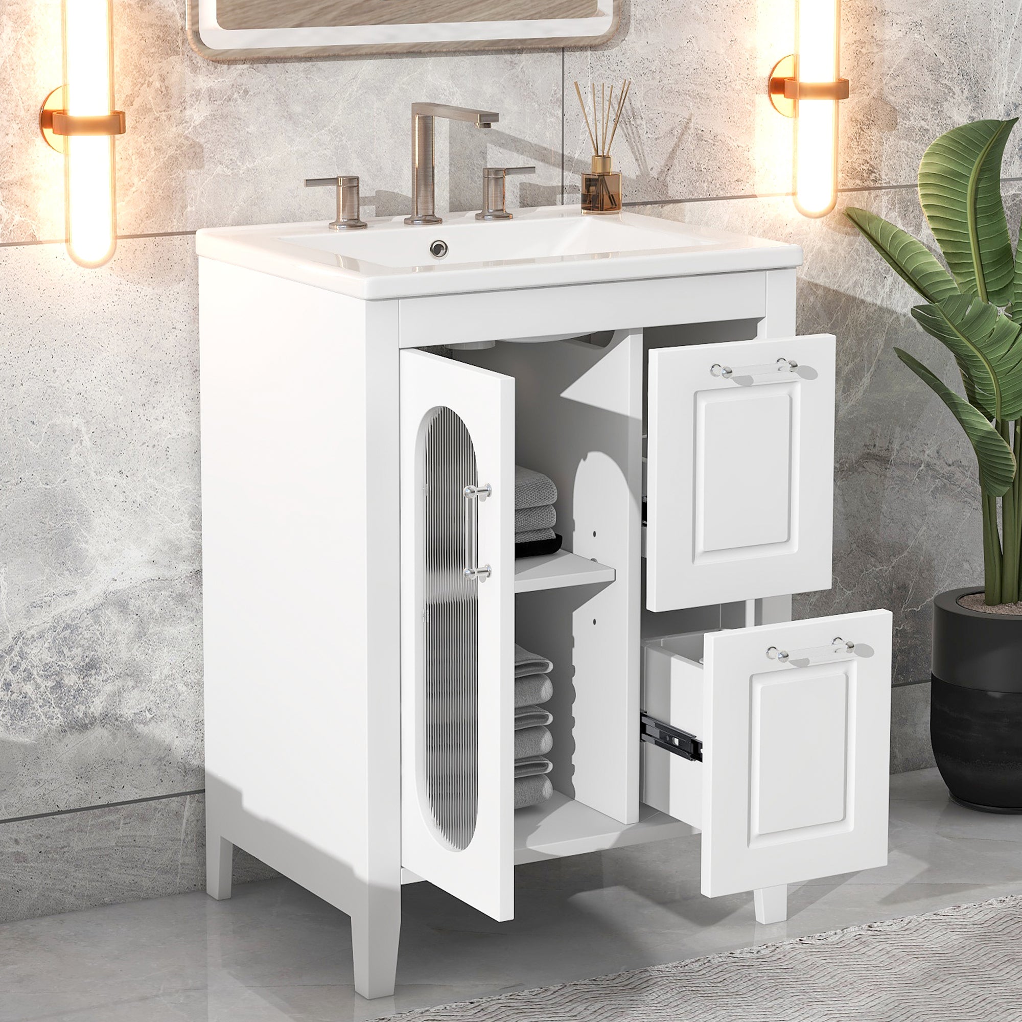 24 in. W x 33 in. H MDF Bathroom Vanity in White with Ceramic Sink, Door and Drawers