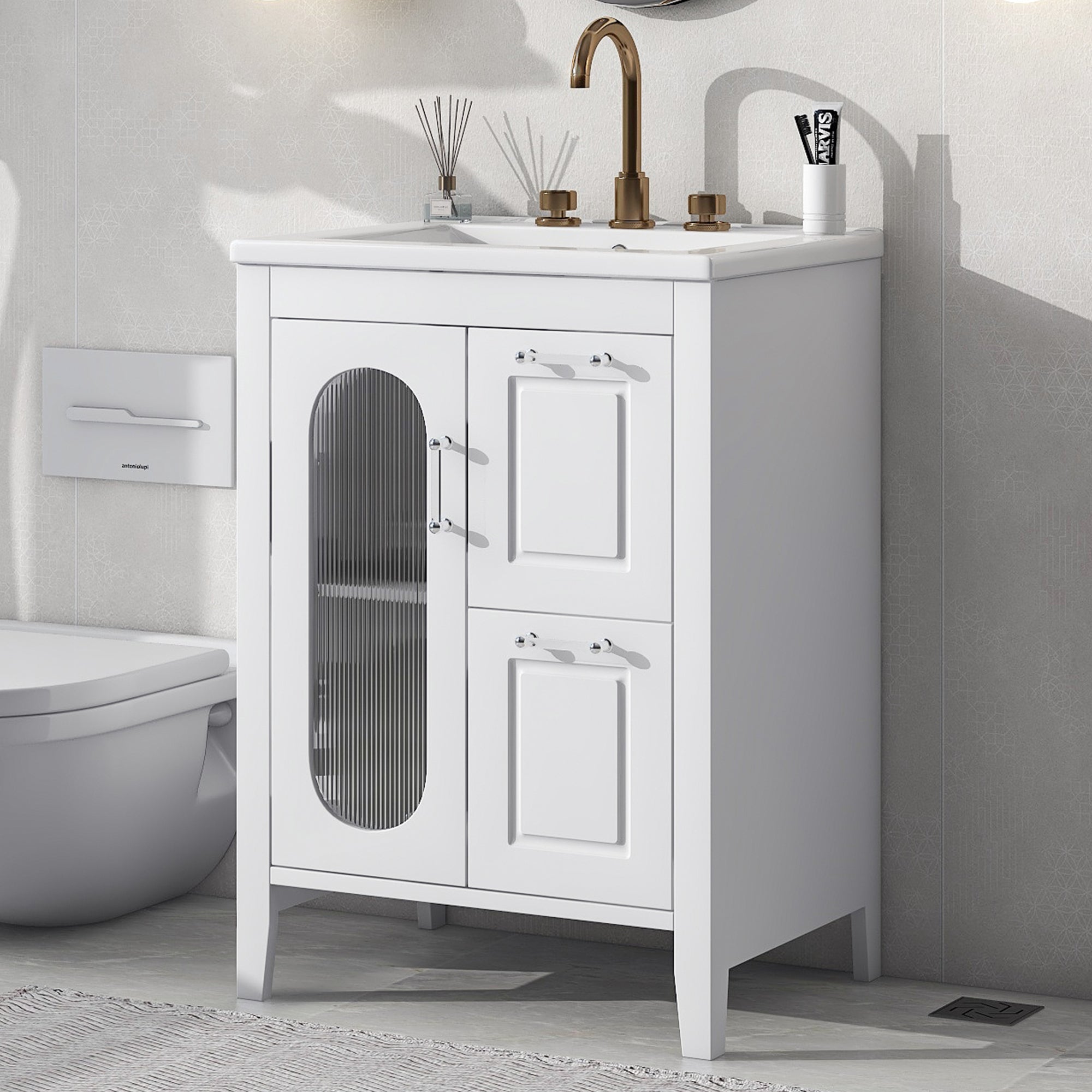 24 in. W x 33 in. H MDF Bathroom Vanity in White with Ceramic Sink, Door and Drawers