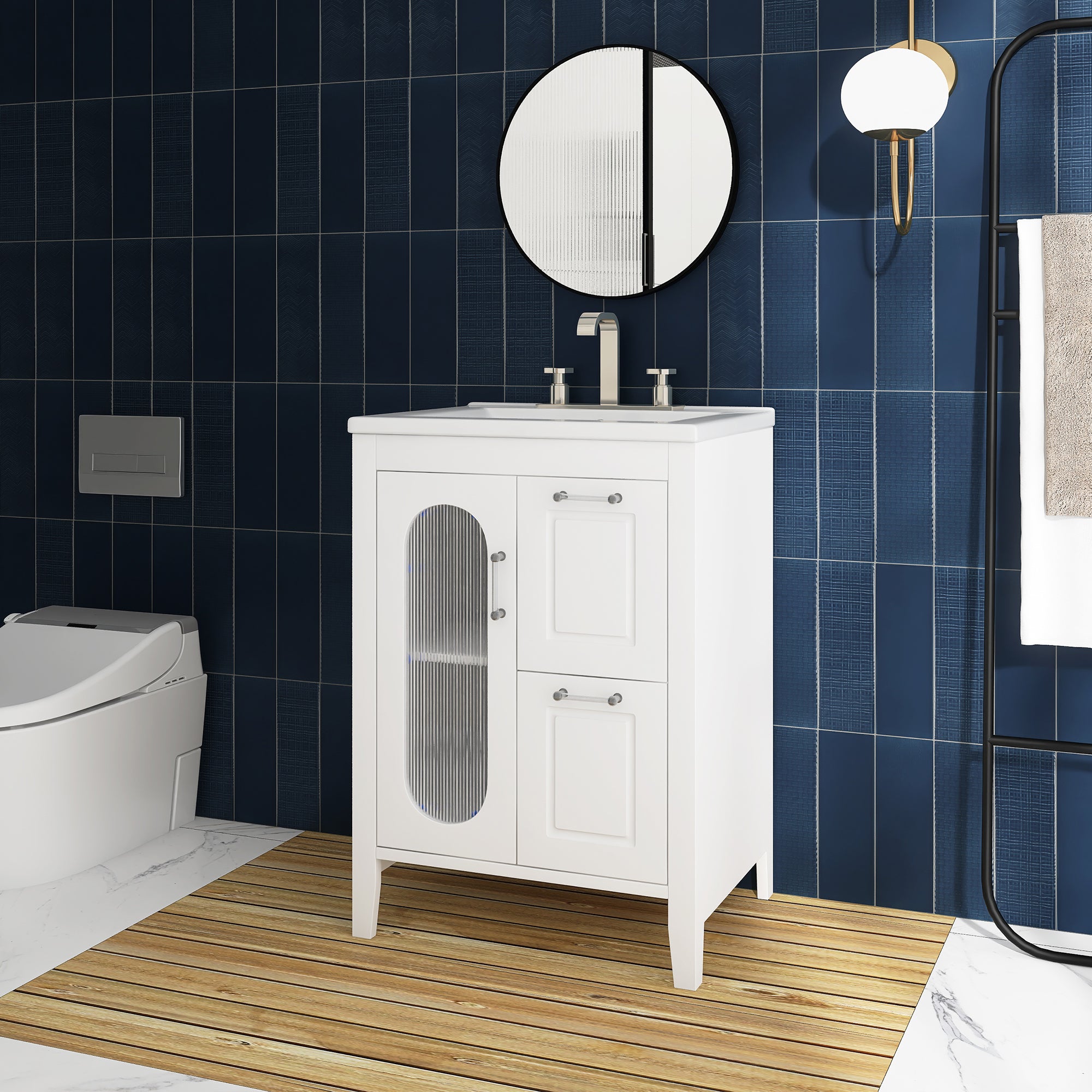 24 in. W x 33 in. H MDF Bathroom Vanity in White with Ceramic Sink, Door and Drawers