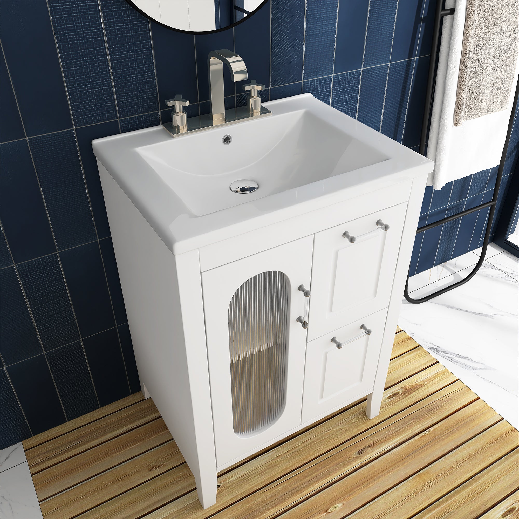 24 in. W x 33 in. H MDF Bathroom Vanity in White with Ceramic Sink, Door and Drawers