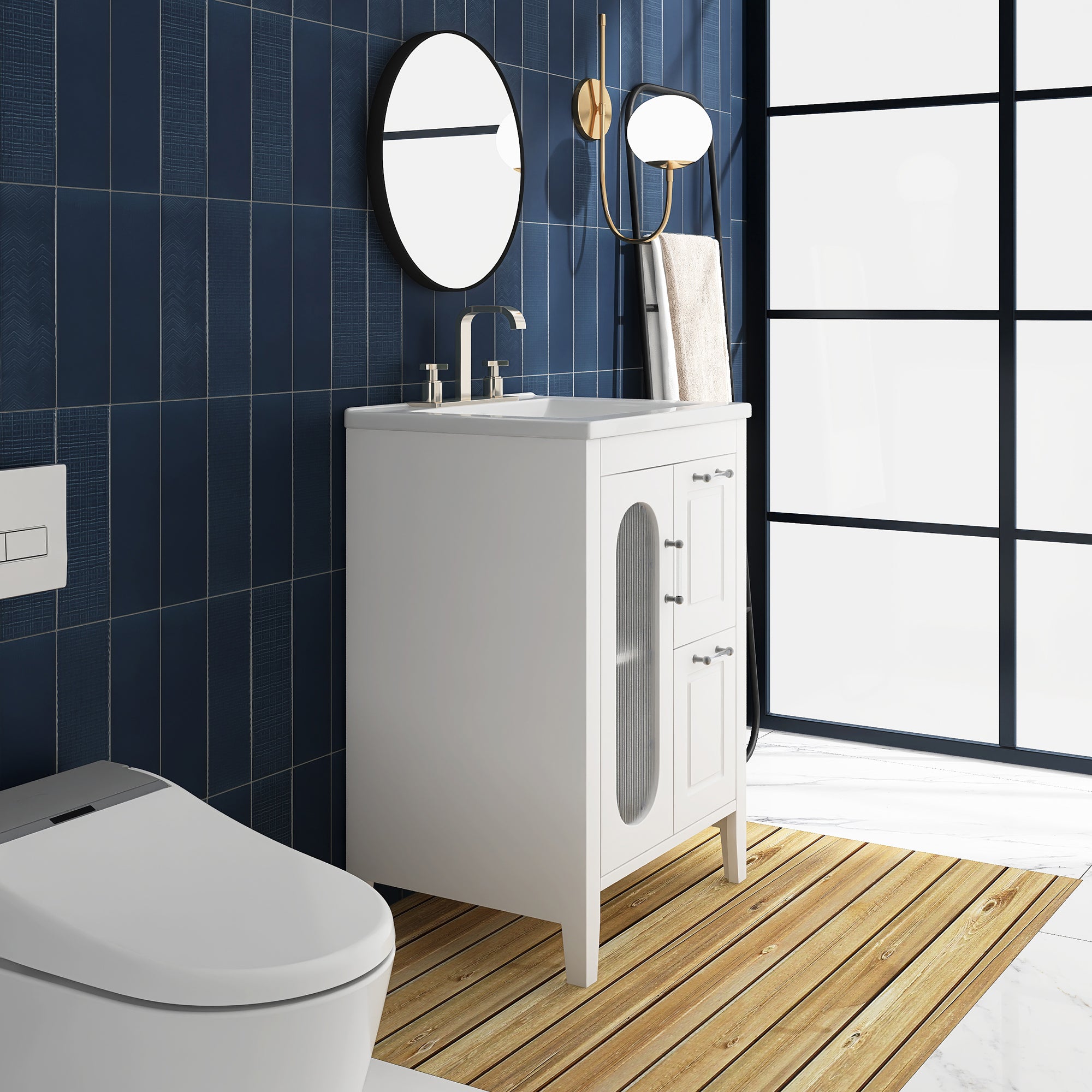 24 in. W x 33 in. H MDF Bathroom Vanity in White with Ceramic Sink, Door and Drawers