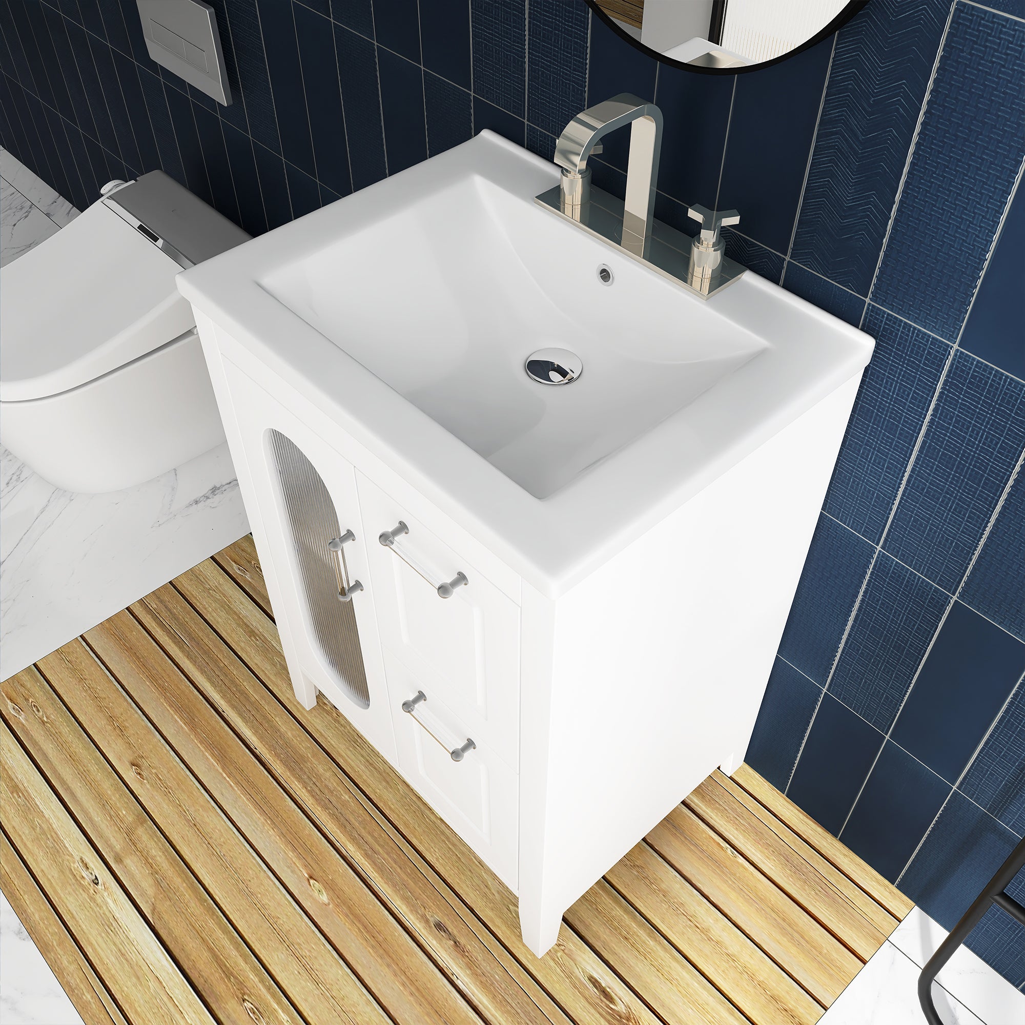 24 in. W x 33 in. H MDF Bathroom Vanity in White with Ceramic Sink, Door and Drawers