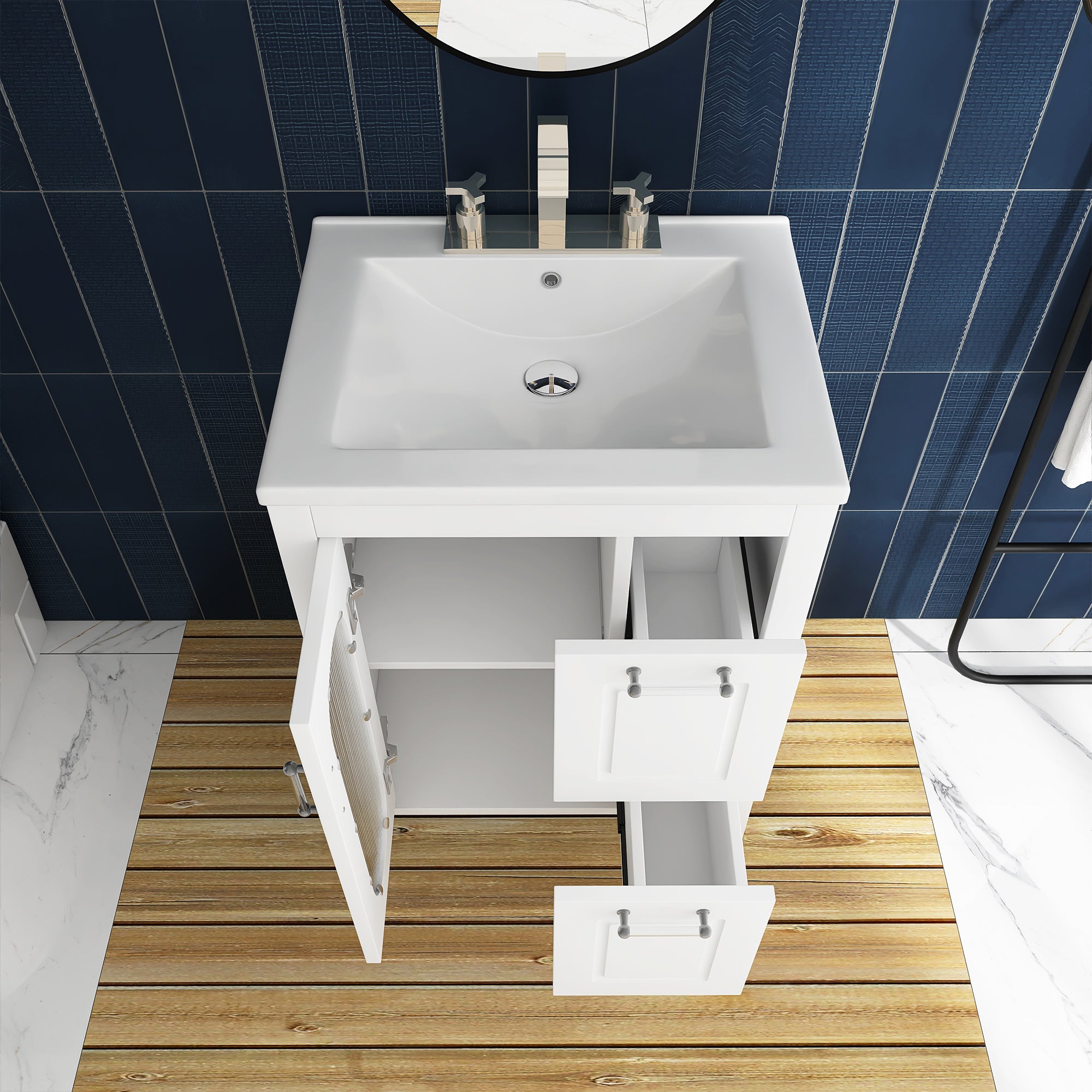 24 in. W x 33 in. H MDF Bathroom Vanity in White with Ceramic Sink, Door and Drawers