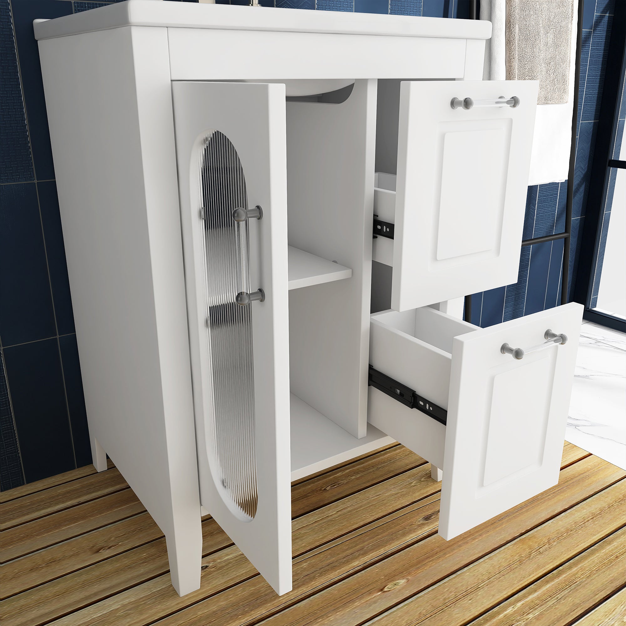 24 in. W x 33 in. H MDF Bathroom Vanity in White with Ceramic Sink, Door and Drawers
