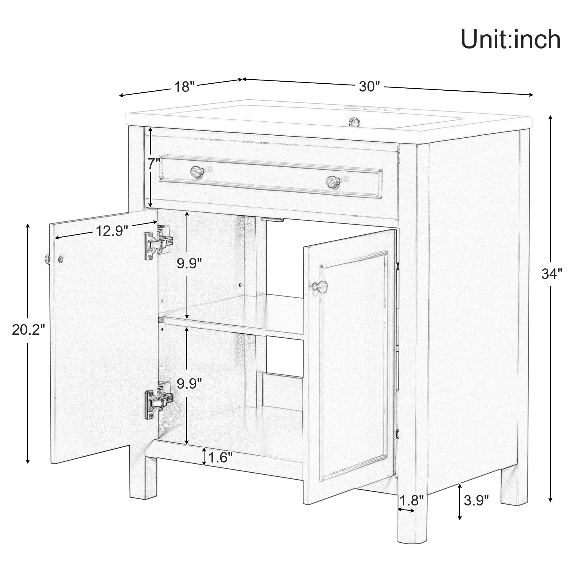 30 Inches MDF Freestanding Bathroom Vanity Set with Adjustable Shelf