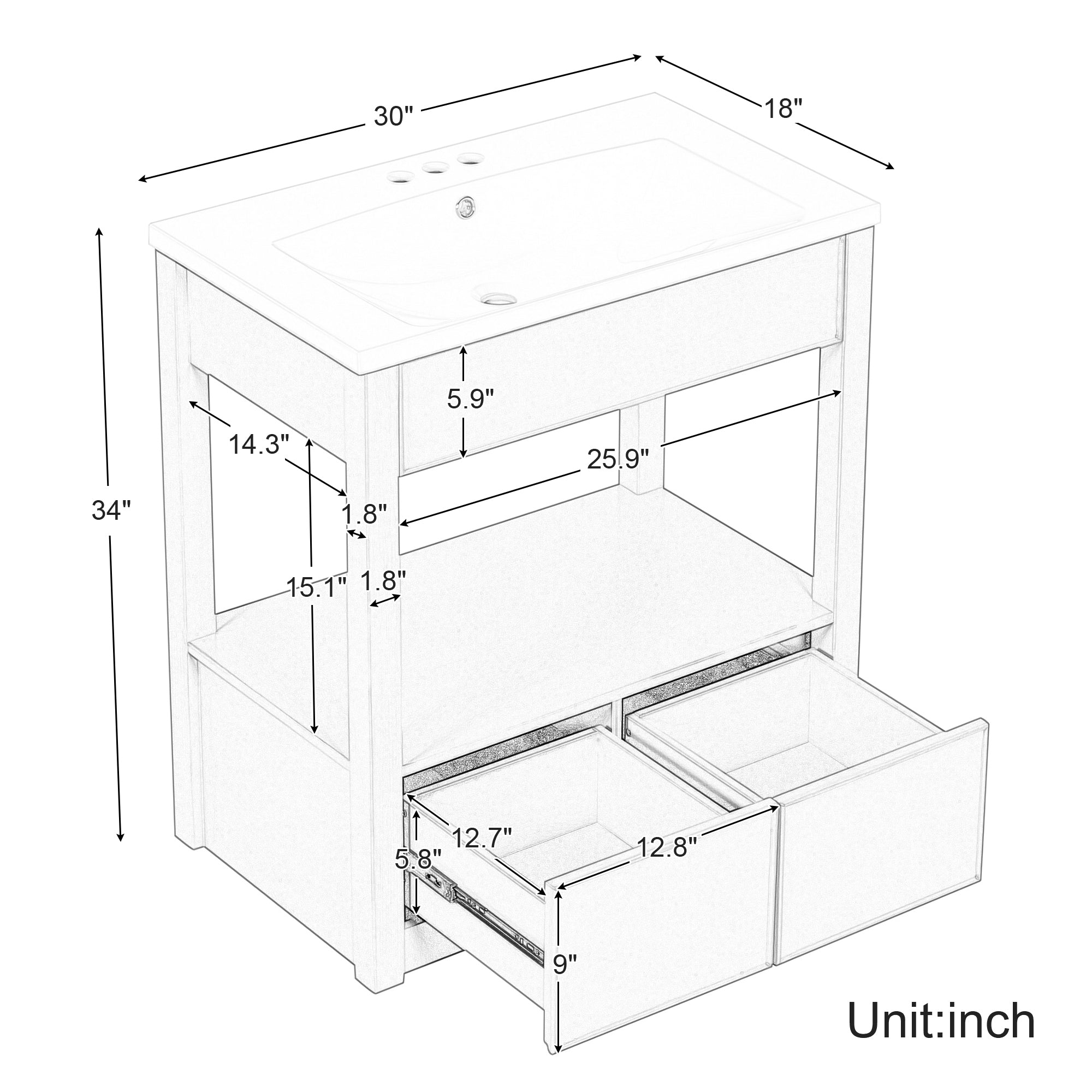 30 Inches MDF Freestanding Bathroom Vanity Set with Open Storage Shelf