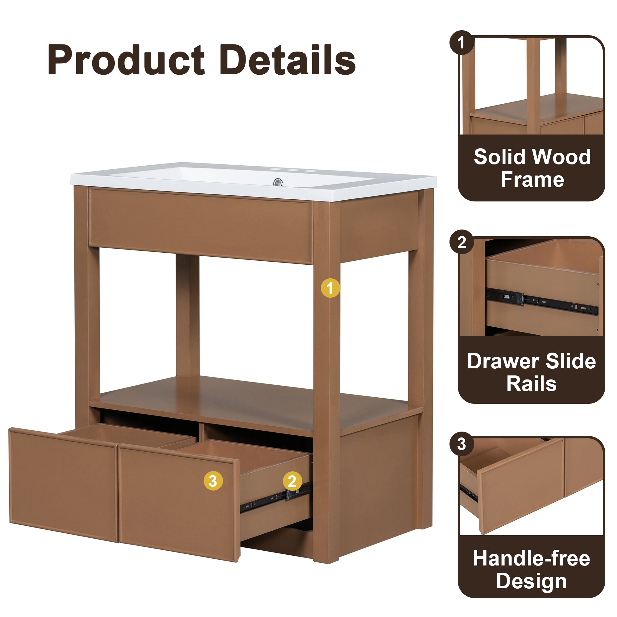 30 Inches MDF Freestanding Bathroom Vanity Set with Open Storage Shelf