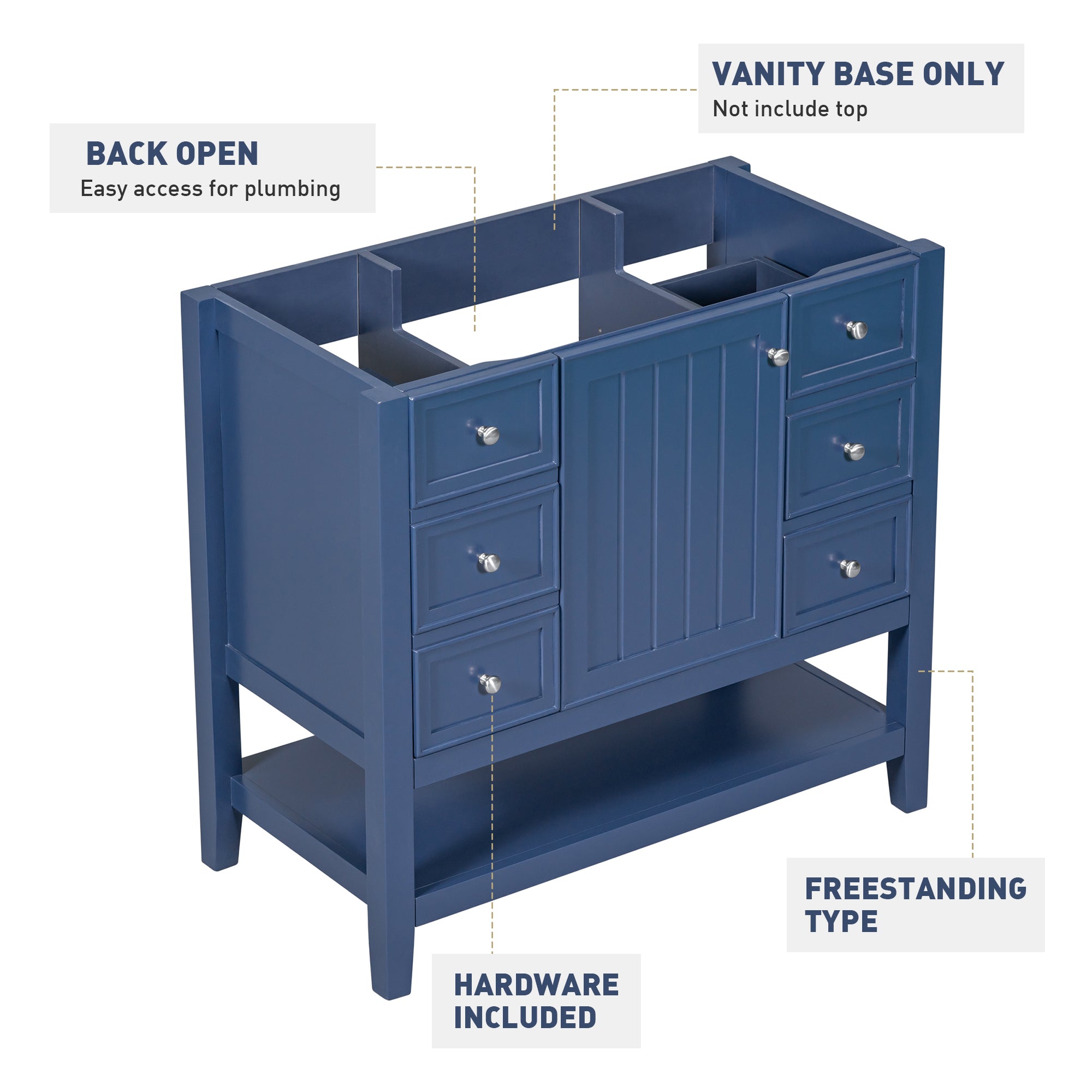 36 in. W x 18 in. D x 33 in. H Freestanding Bath Vanity Cabinet without Top in Blue