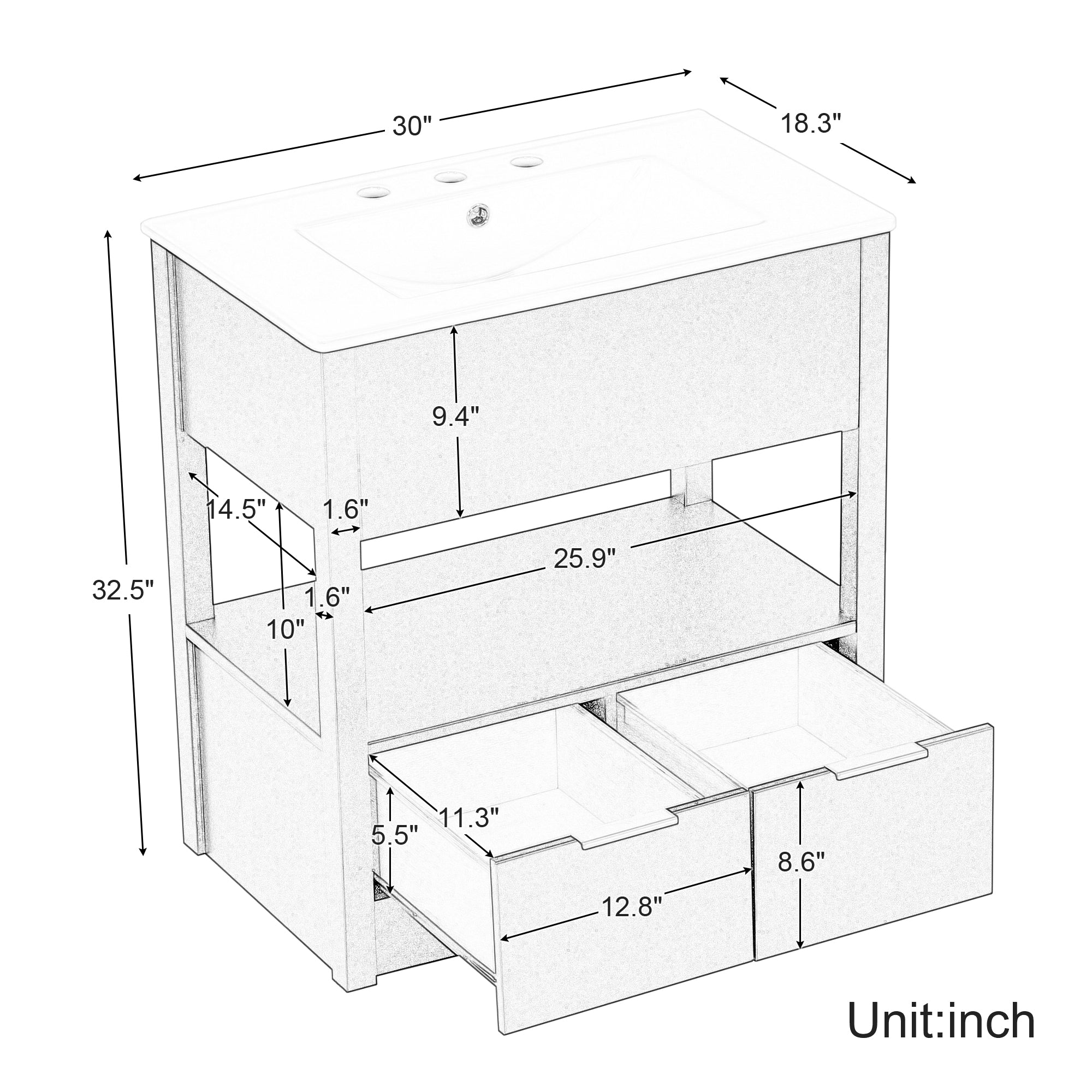 30 in. W x 18.3 in. D x 32.5 in. H Freestanding Bath Vanity Cabinet with Ceramic Sink Top